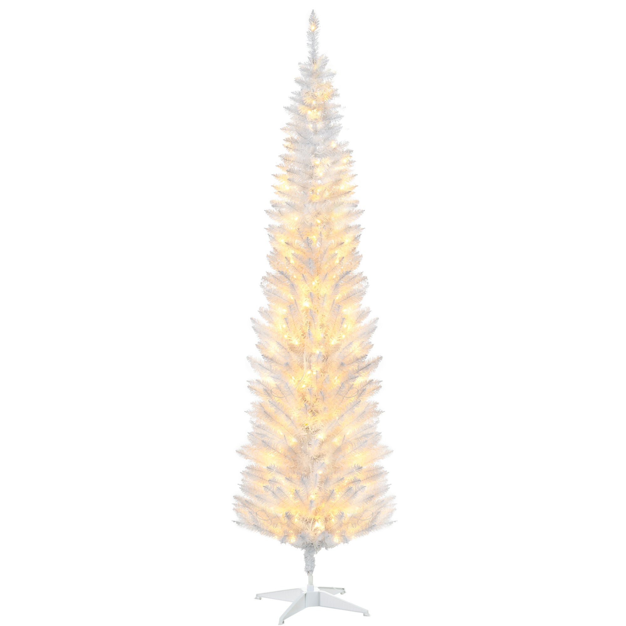 HOMCOM 7 ft Pre-Lit Noble Fir Slim Artificial Christmas Tree with 499 Tips and 200 Warm White LED Lights, White