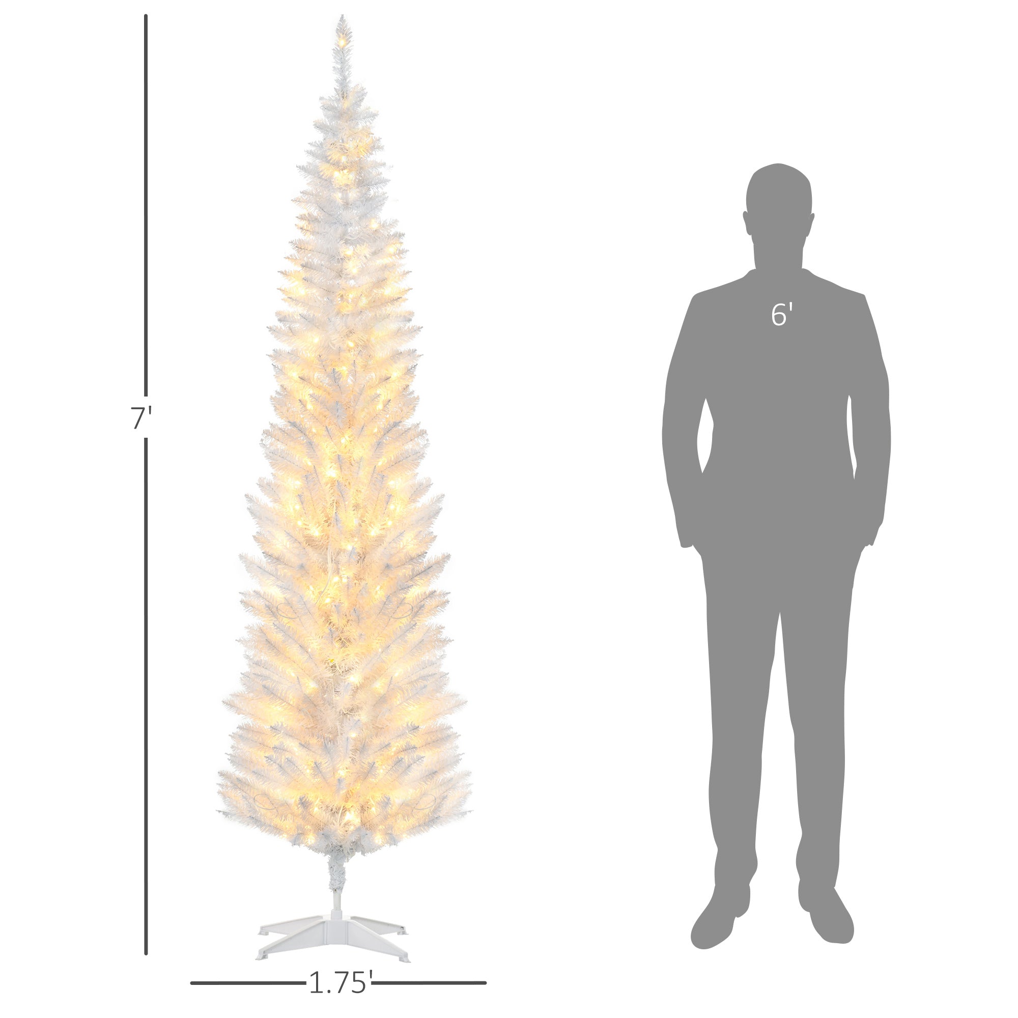 7ft Pencil Christmas Tree Slim Artificial Tree with Realistic Branches and Warm White LED Lights White