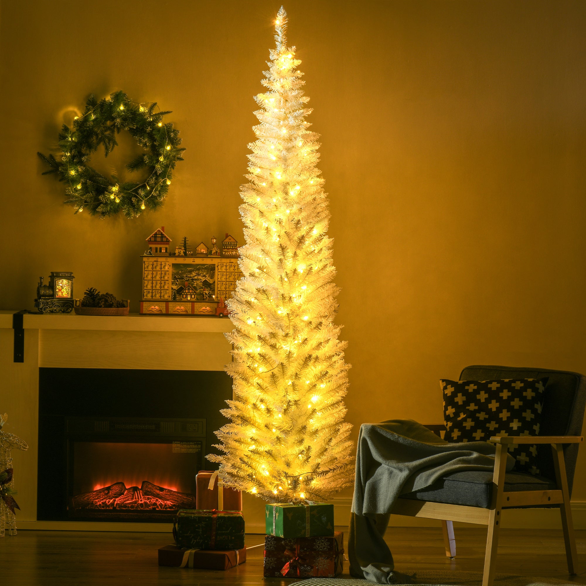 7ft Pencil Christmas Tree Slim Artificial Tree with Realistic Branches and Warm White LED Lights White