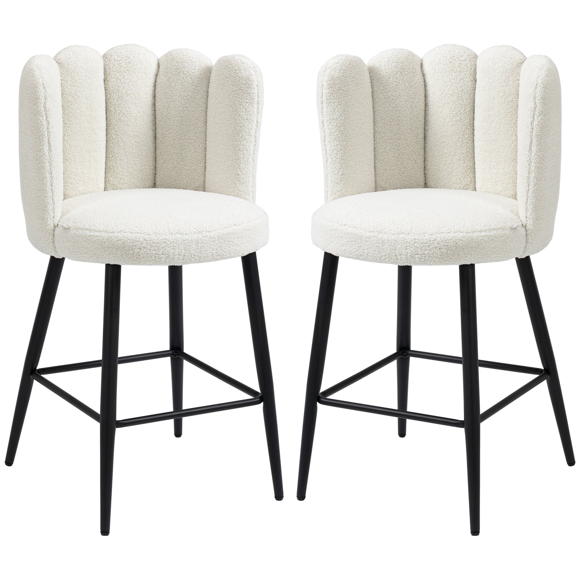 HOMCOM Bar Stools Set of 2, Faux Cashmere Upholstered Breakfast Bar Chairs, Modern Kitchen Stools with Backs, Footrest and Steel Base, Cream