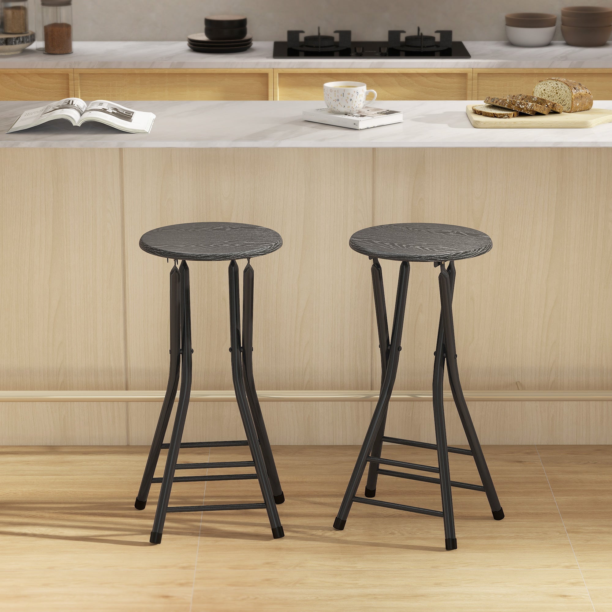 Foldable Bar Stools Set of 2, 24" Counter Height Round Bar Chairs with Double Footrest, Folding Barstools for Kitchen Island, Black