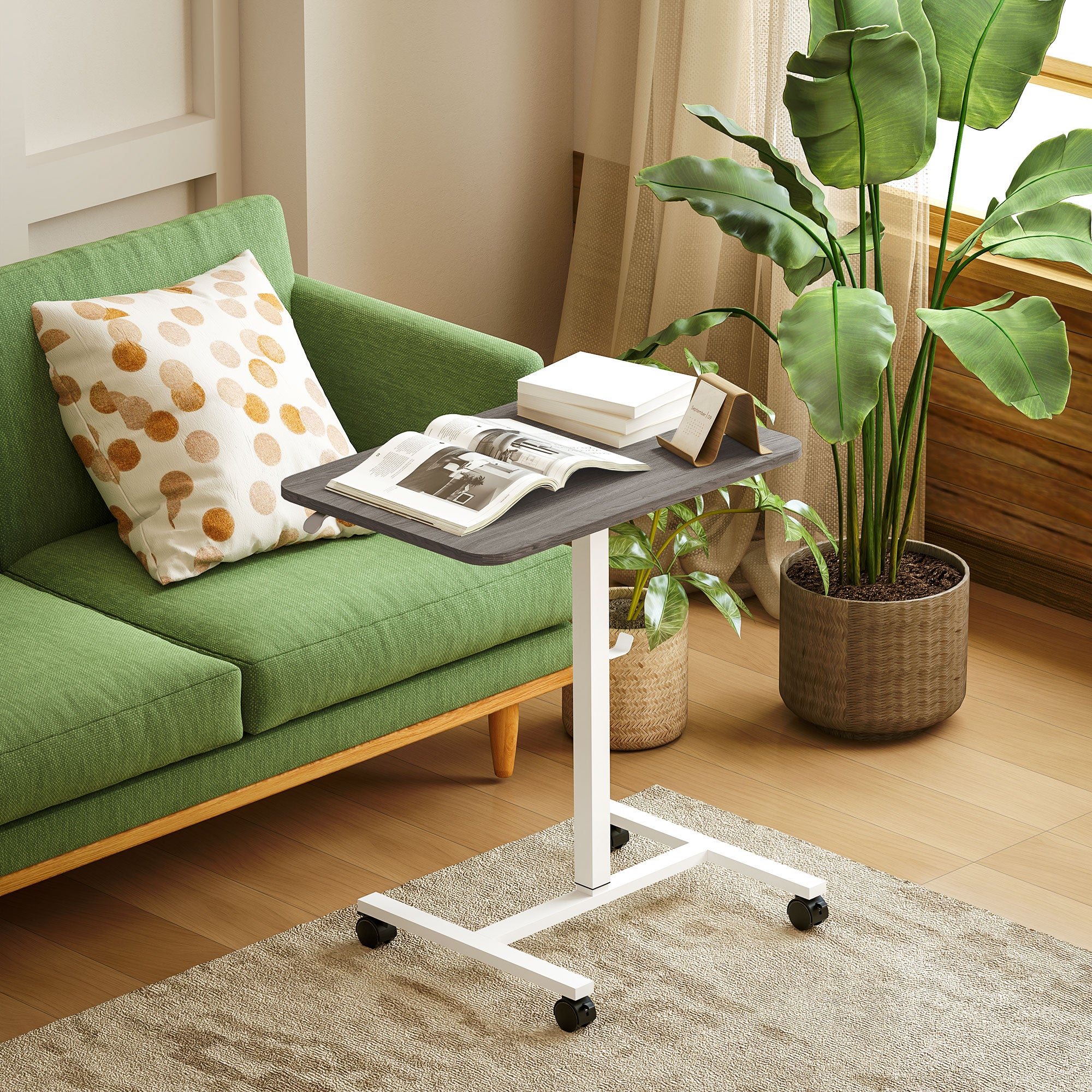HOMCOM Height Adjustable Standing Desk, Pneumatic Sit Stand Desk for Laptop, Mobile Overbed Table with Wheels and Headphone Hook for Home Office, Grey