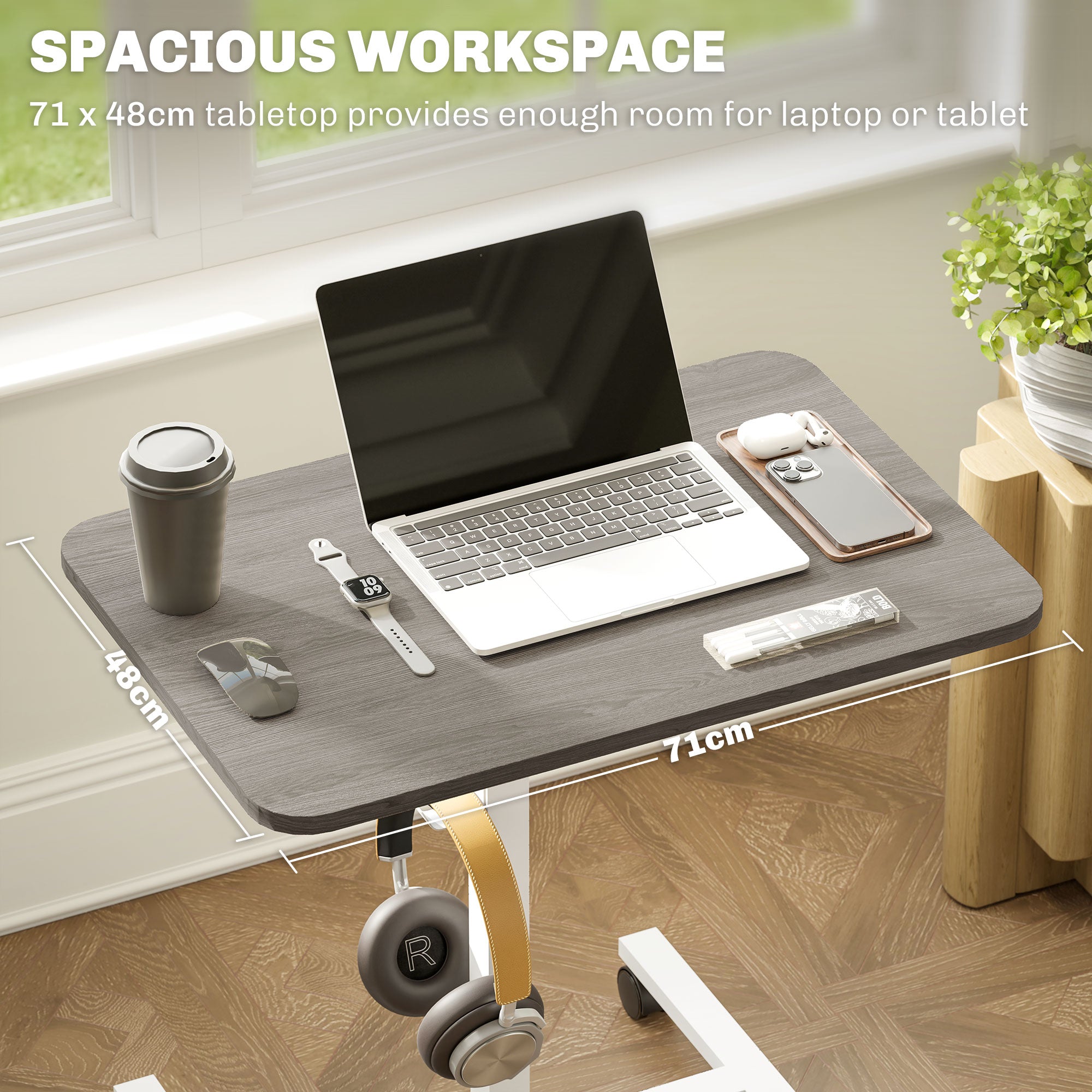 HOMCOM Height Adjustable Standing Desk, Pneumatic Sit Stand Desk for Laptop, Mobile Overbed Table with Wheels and Headphone Hook for Home Office, Grey
