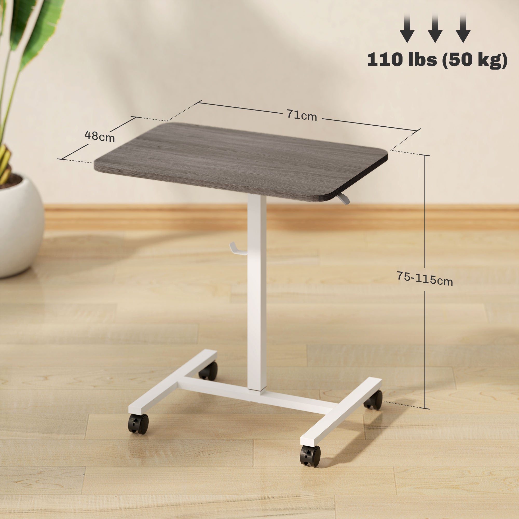 HOMCOM Height Adjustable Standing Desk, Pneumatic Sit Stand Desk for Laptop, Mobile Overbed Table with Wheels and Headphone Hook for Home Office, Grey