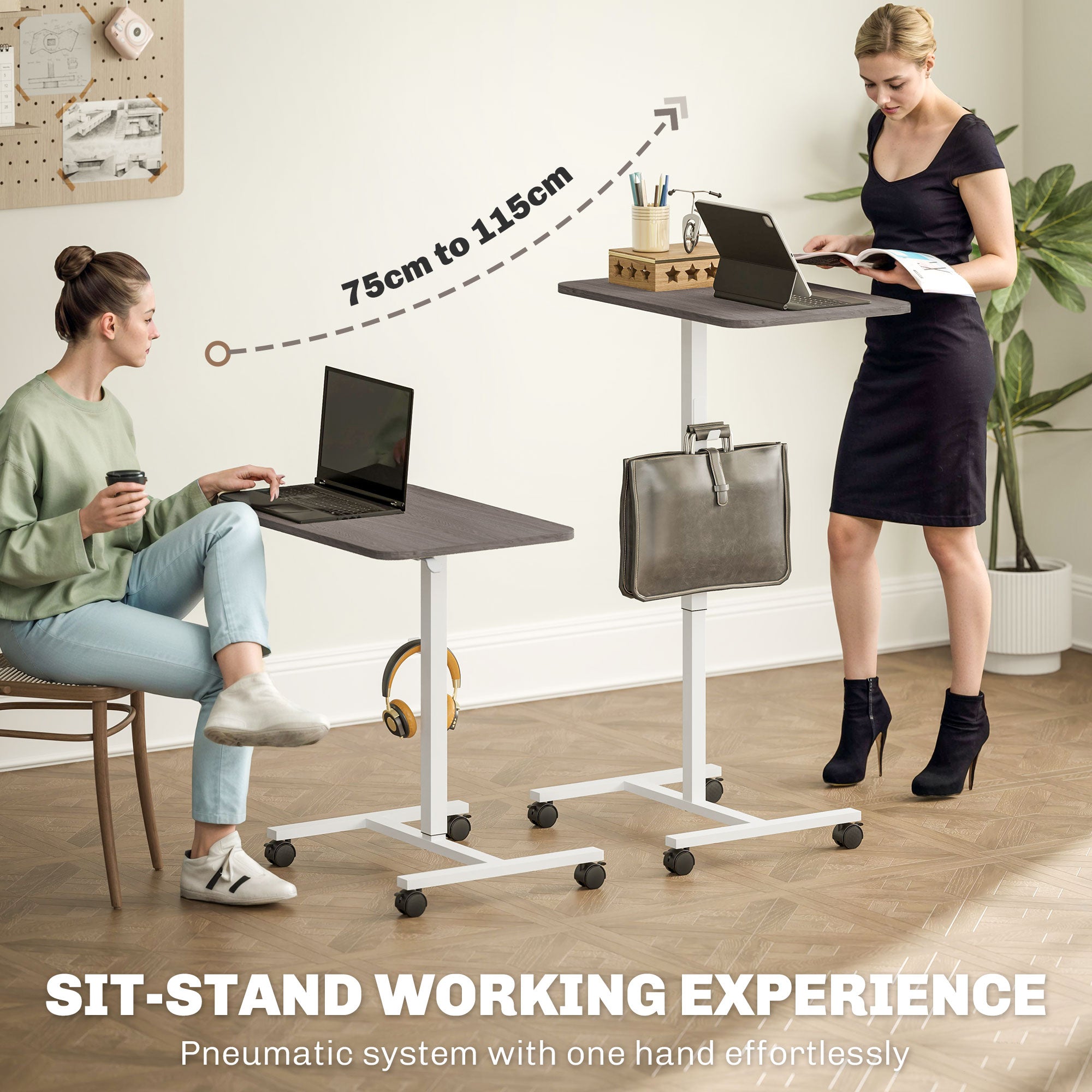 HOMCOM Height Adjustable Standing Desk, Pneumatic Sit Stand Desk for Laptop, Mobile Overbed Table with Wheels and Headphone Hook for Home Office, Grey