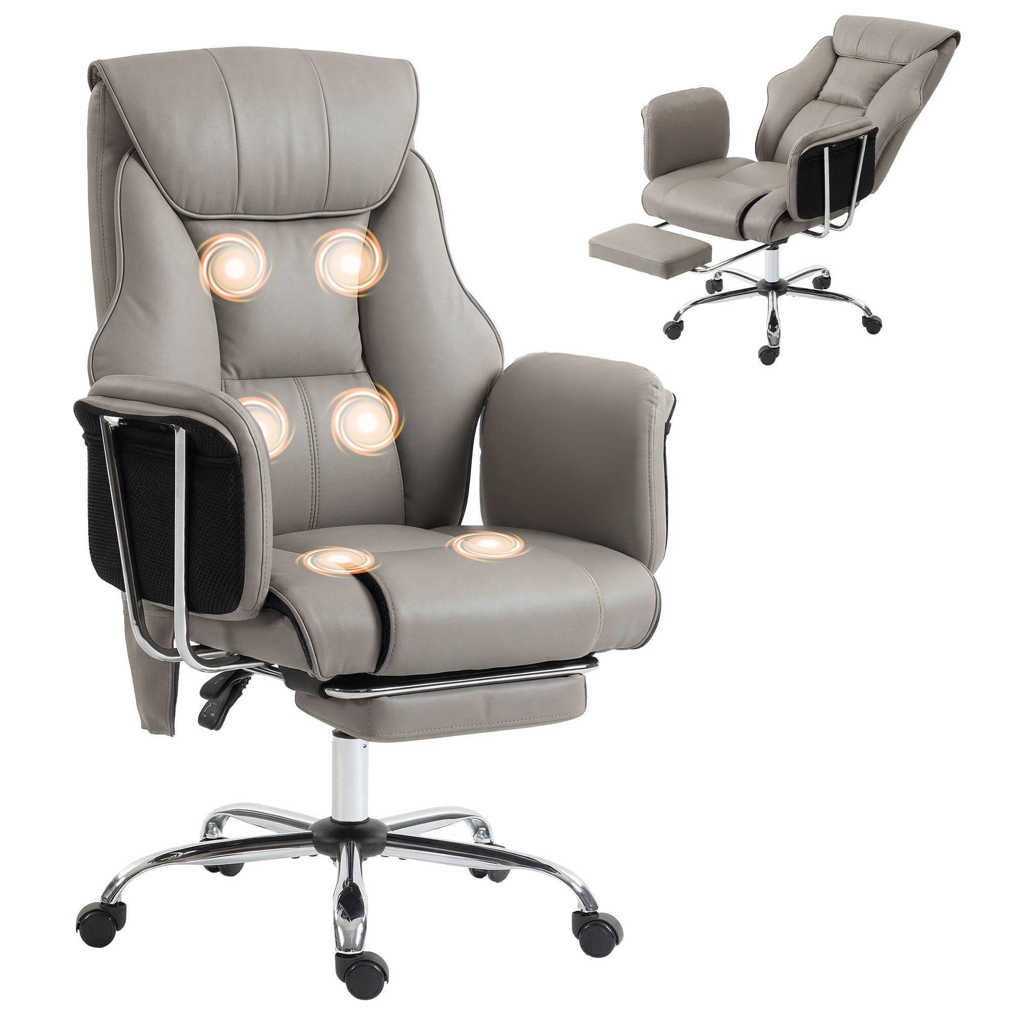 Massage Office Chair with 6-Point Vibration, Overstuffed Reclining Desk Chair with High Back, PU Leather, Footrest, Thick Spring Cushion, Lumbar Support, Adjustable Height, Swivel Wheels, Gray