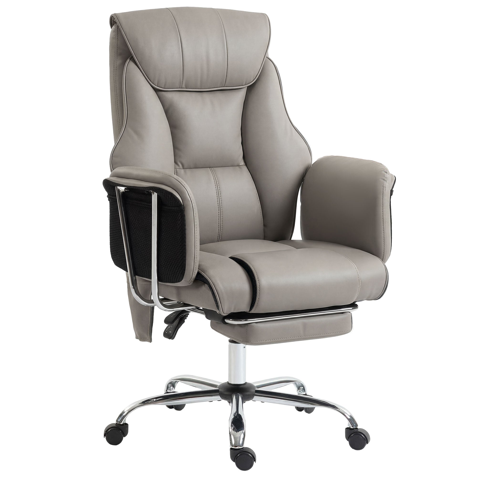 Massage Office Chair with 6-Point Vibration, Overstuffed Reclining Desk Chair with High Back, PU Leather, Footrest, Thick Spring Cushion, Lumbar Support, Adjustable Height, Swivel Wheels, Gray