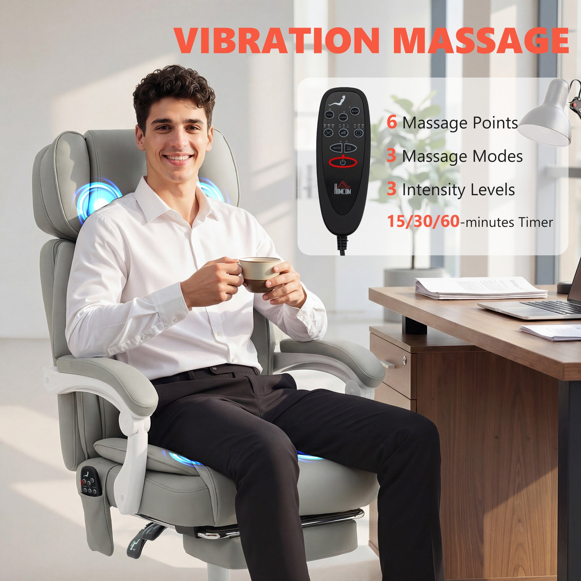 High Back Vibration Massage Office Chair, Heated Reclining PU Leather Computer Chair with Headrest, Footrest, Padded Armrests, Adjustable Height, Swivel Wheels, Remote, Light Gray