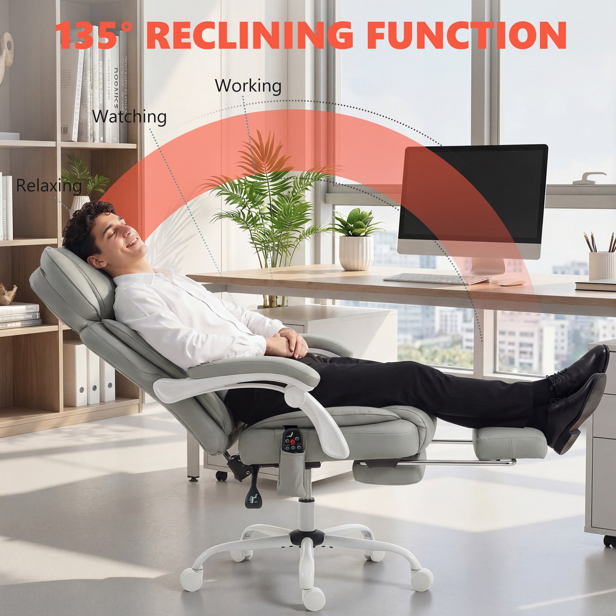 High Back Vibration Massage Office Chair, Heated Reclining PU Leather Computer Chair with Headrest, Footrest, Padded Armrests, Adjustable Height, Swivel Wheels, Remote, Light Gray