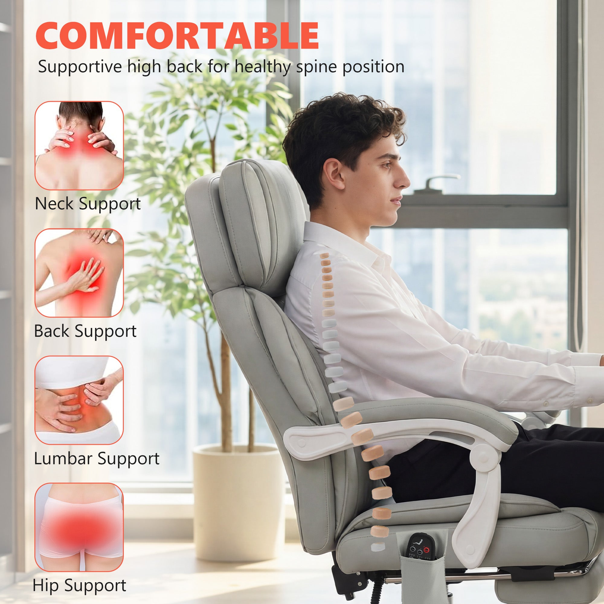High Back Vibration Massage Office Chair, Heated Reclining PU Leather Computer Chair with Headrest, Footrest, Padded Armrests, Adjustable Height, Swivel Wheels, Remote, Light Gray