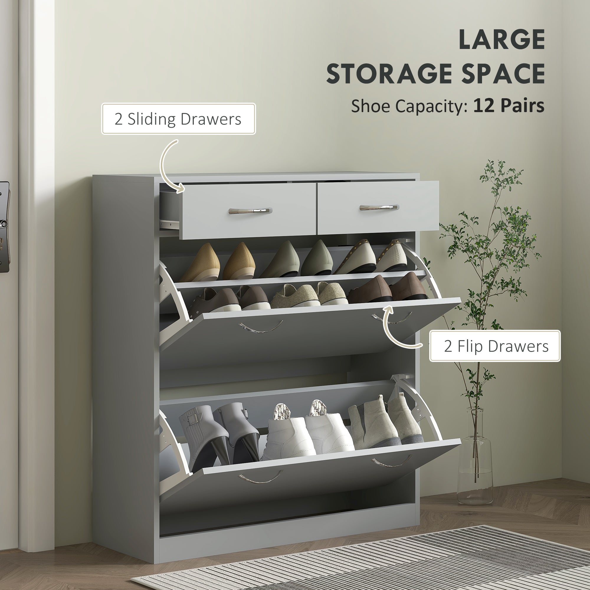 HOMCOM Narrow Shoe Cabinet for Entryway Hallway, Shoe Storage Cabinet with 2 Flip Drawers, 2 Slide Out Drawers and Adjustable Shelves for 12 Pairs of Shoes, Grey