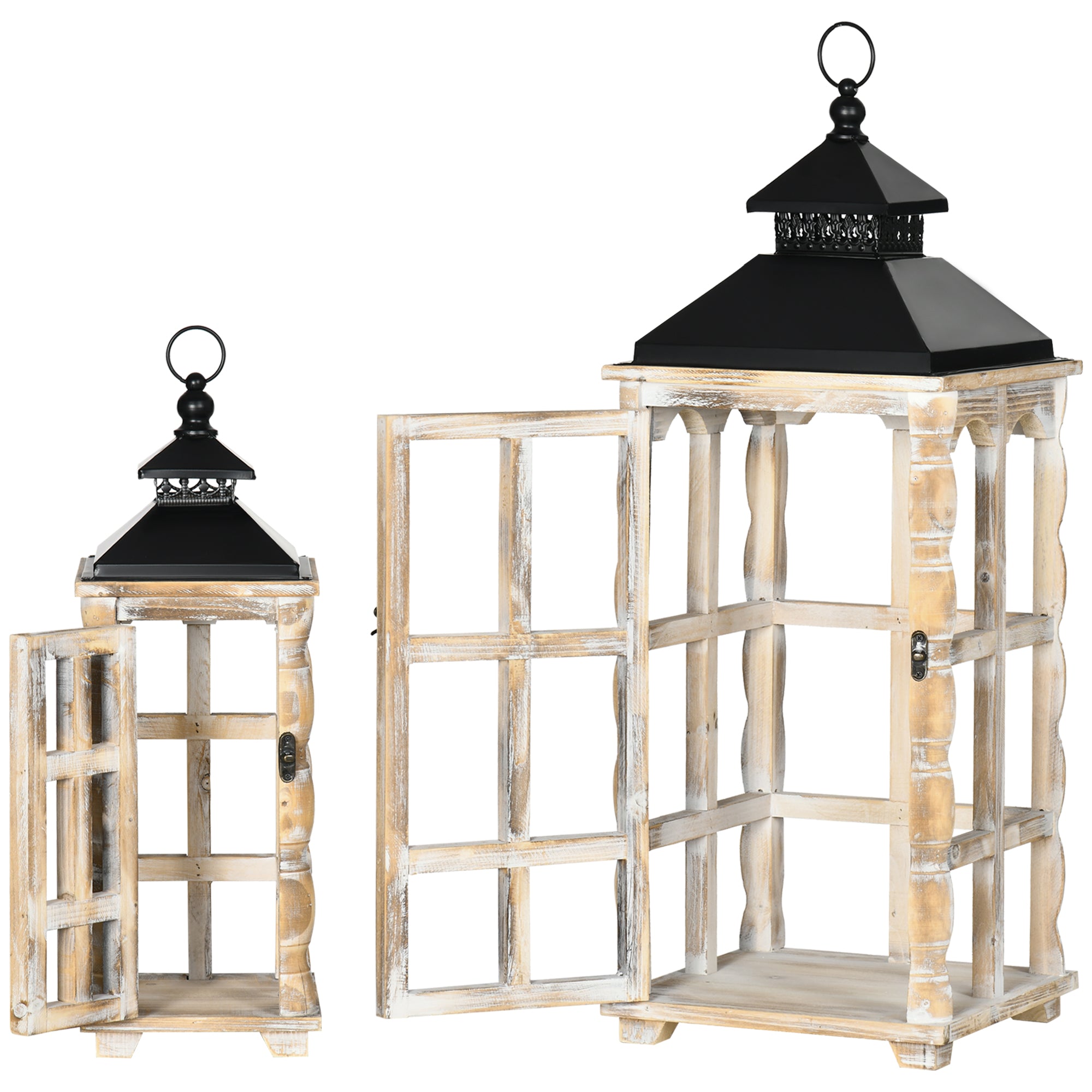 2 Pack 31"/22" Large Rustic Lantern Decorative Hanging Wooden Metal Indoor/Outdoor Lantern Black