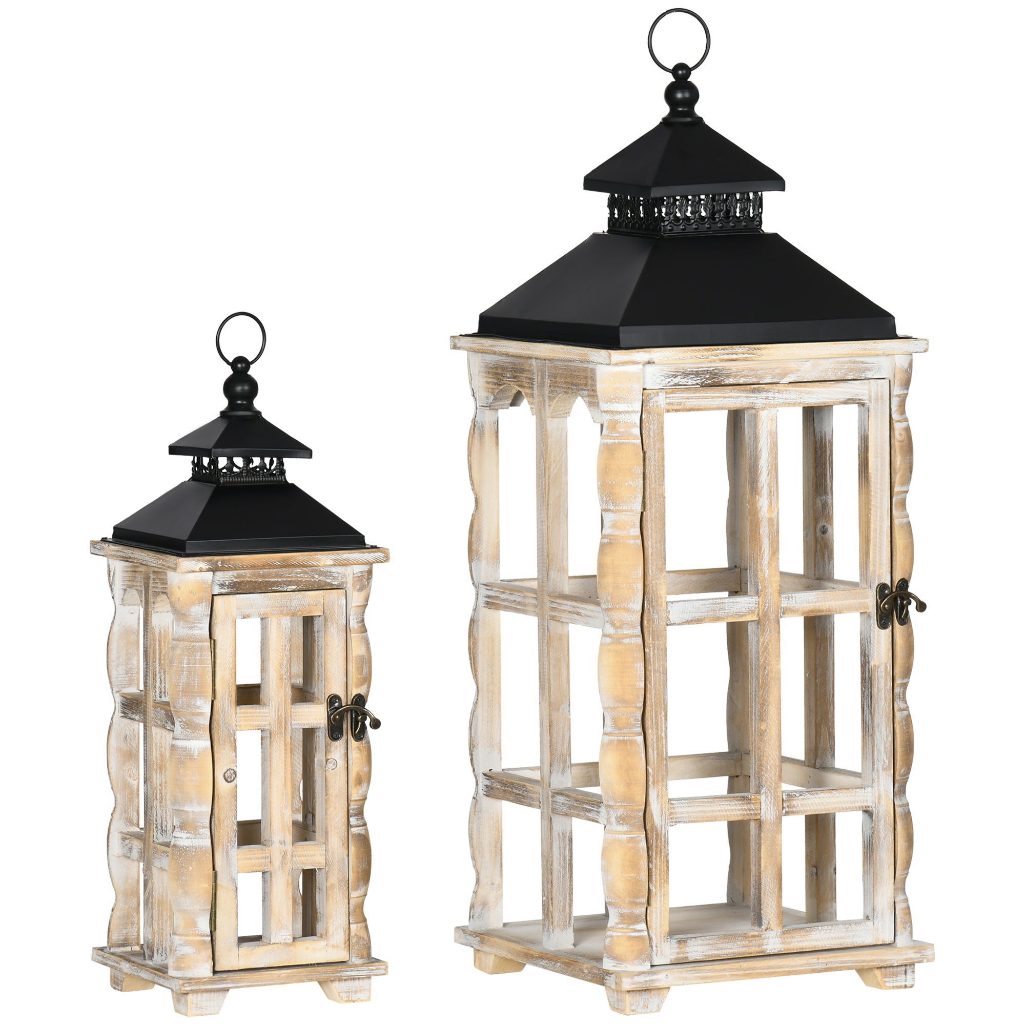 2 Pack 31"/22" Large Rustic Lantern Decorative Hanging Wooden Metal Indoor/Outdoor Lantern Black