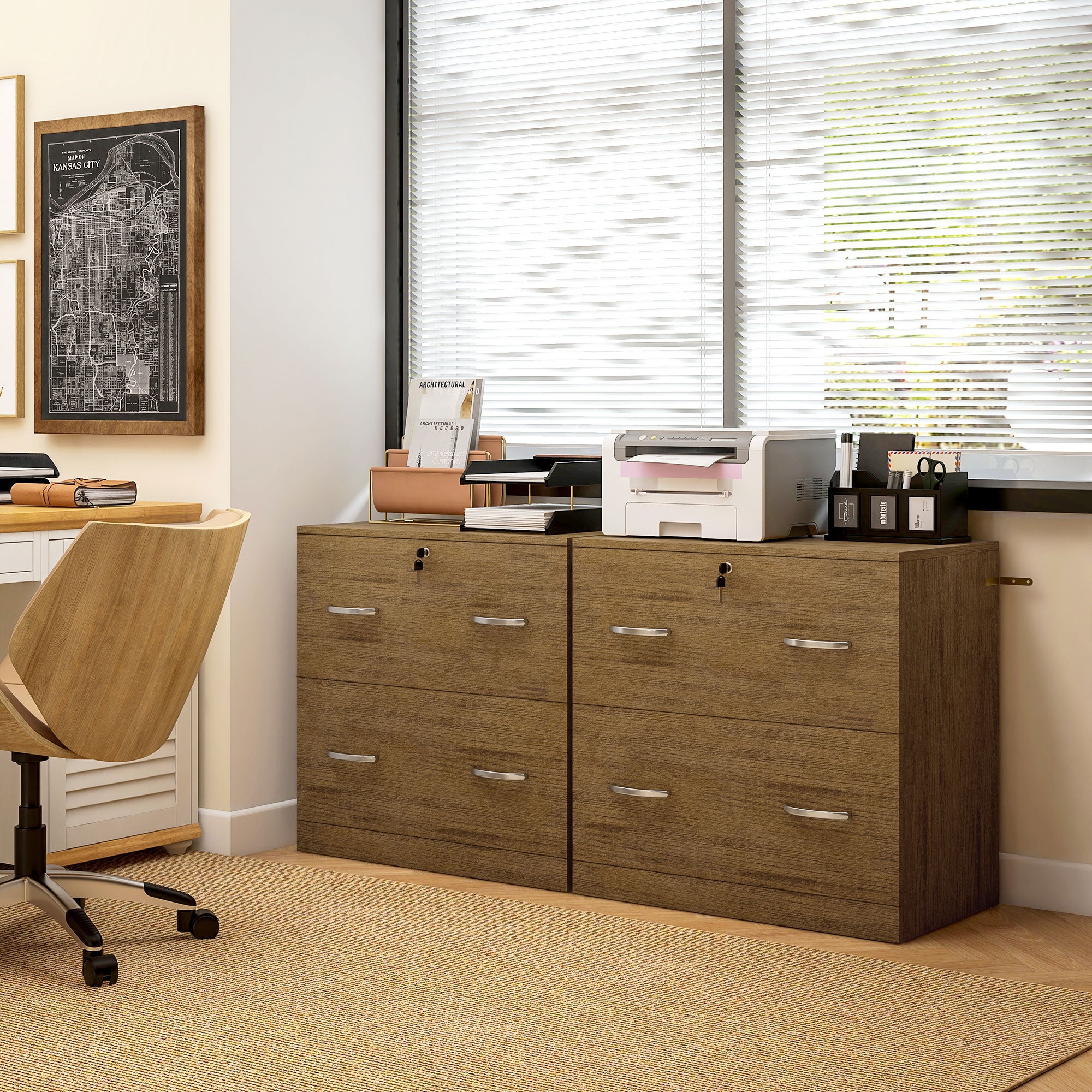Vinsetto 2-Drawer Lateral Filing Cabinet with Lock, File Cabinet with Hanging Bar for Letter Size, Home Office, Light Brown