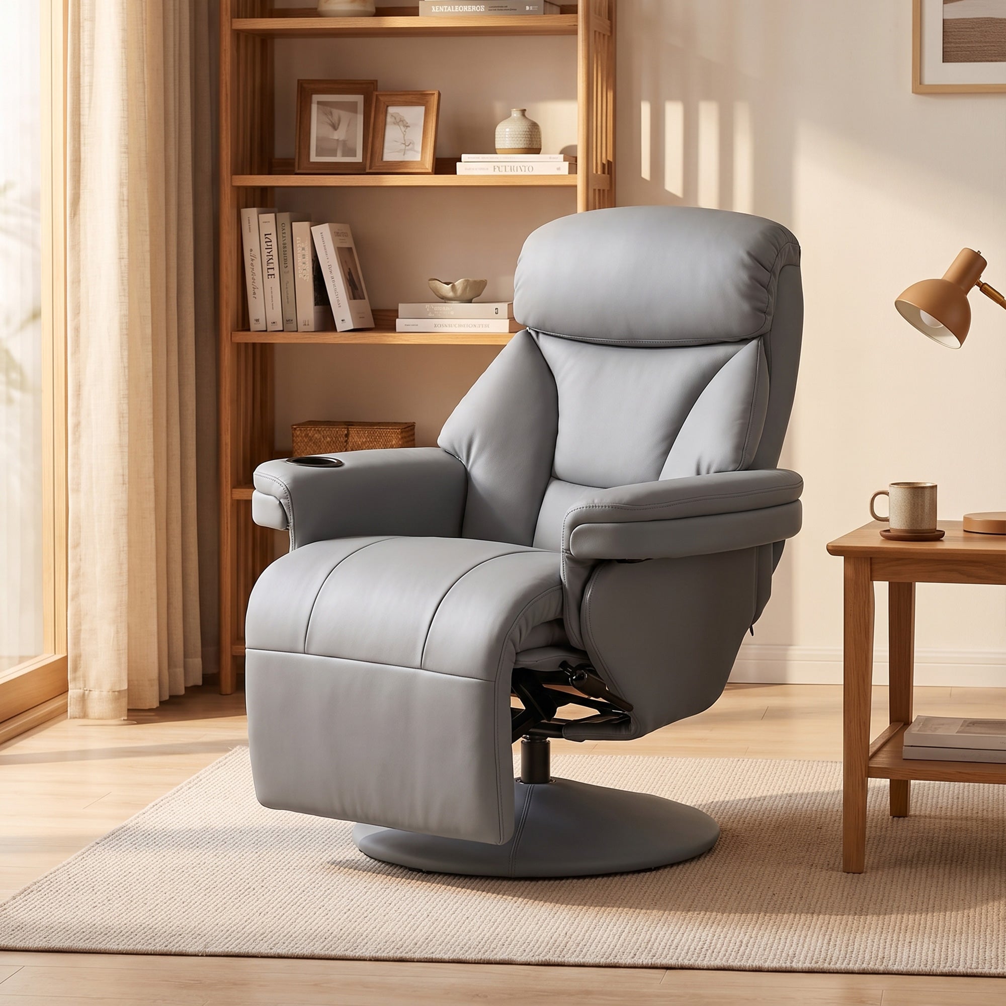 Manual Recliner Chair with Footrest, Upholstered Reclining Armchair with Adjustable Backrest and Cup Holder, PU Leather Swivel Chair for Living Room, Bedroom, Grey