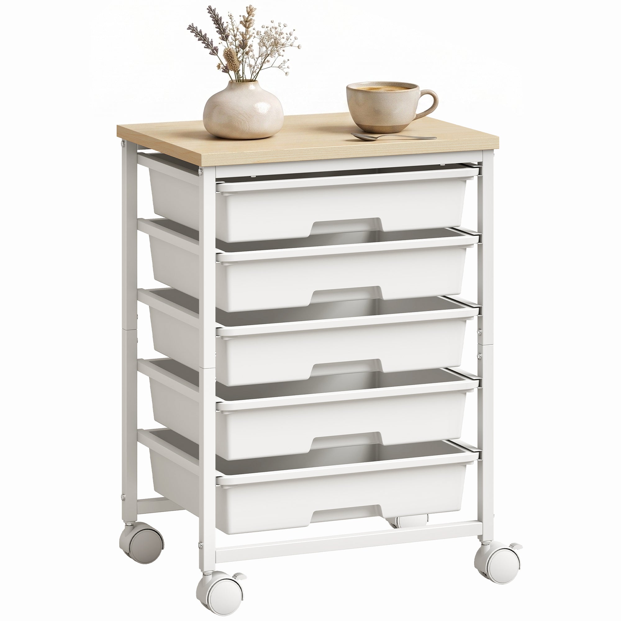 6-Tier Storage Trolley on Wheels, Metal Kitchen Rolling Cart with 5 Pull-Out Drawers, Kitchen Storage Rack for Living Room, Dining Room, Bedroom, Bathroom, White