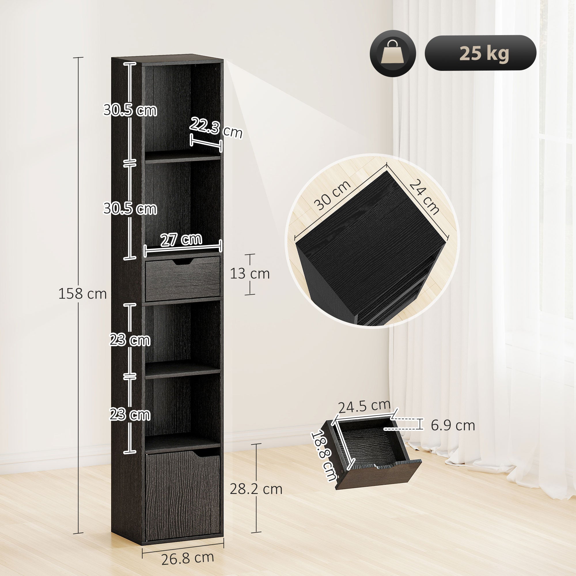 6-Tier Bookcase, Tall Narrow Bookshelf with Drawer, Door, Adjustable Shelf, Modern Display Standing Shelving Unit for Living Room, Home Office, Bedroom, 30 x 24 x 158 cm, Black