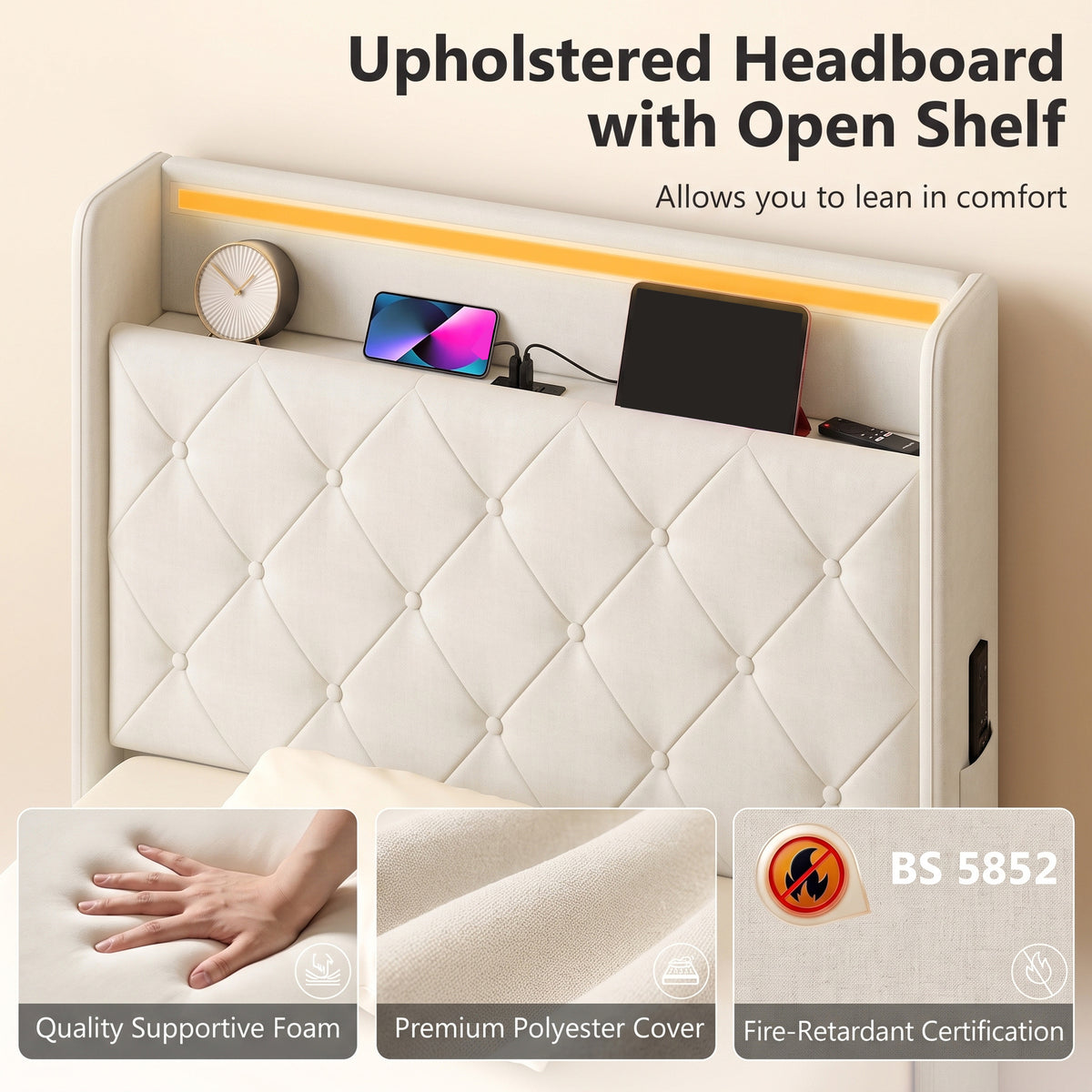 3ft Single Ottoman Bed Frame with Hydraulic Storage, APP Control LED Lights and Charging Station, Upholstered Lift Up Storage Bed Frame with Headboard, No Box Spring Needed, Cream White