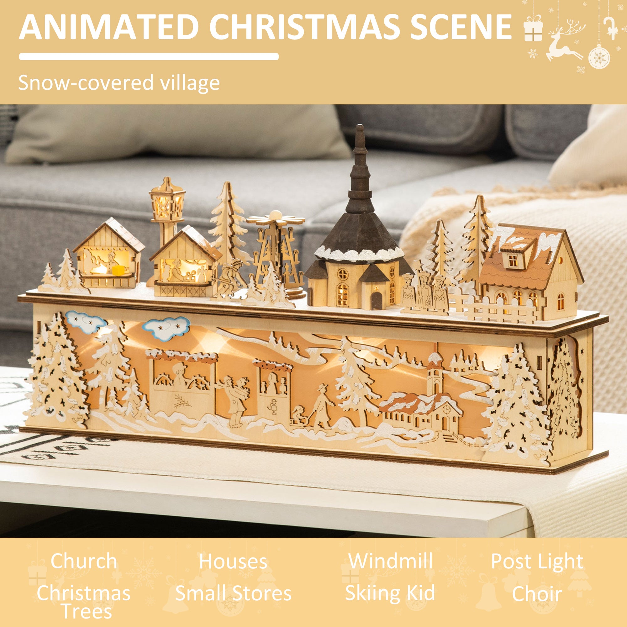 HOMCOM Christmas Village Houses with Church, LED Lighted Christmas Village Decoration with Windmill for Desktop Xmas Decoration, Battery Operated, Natural Wood