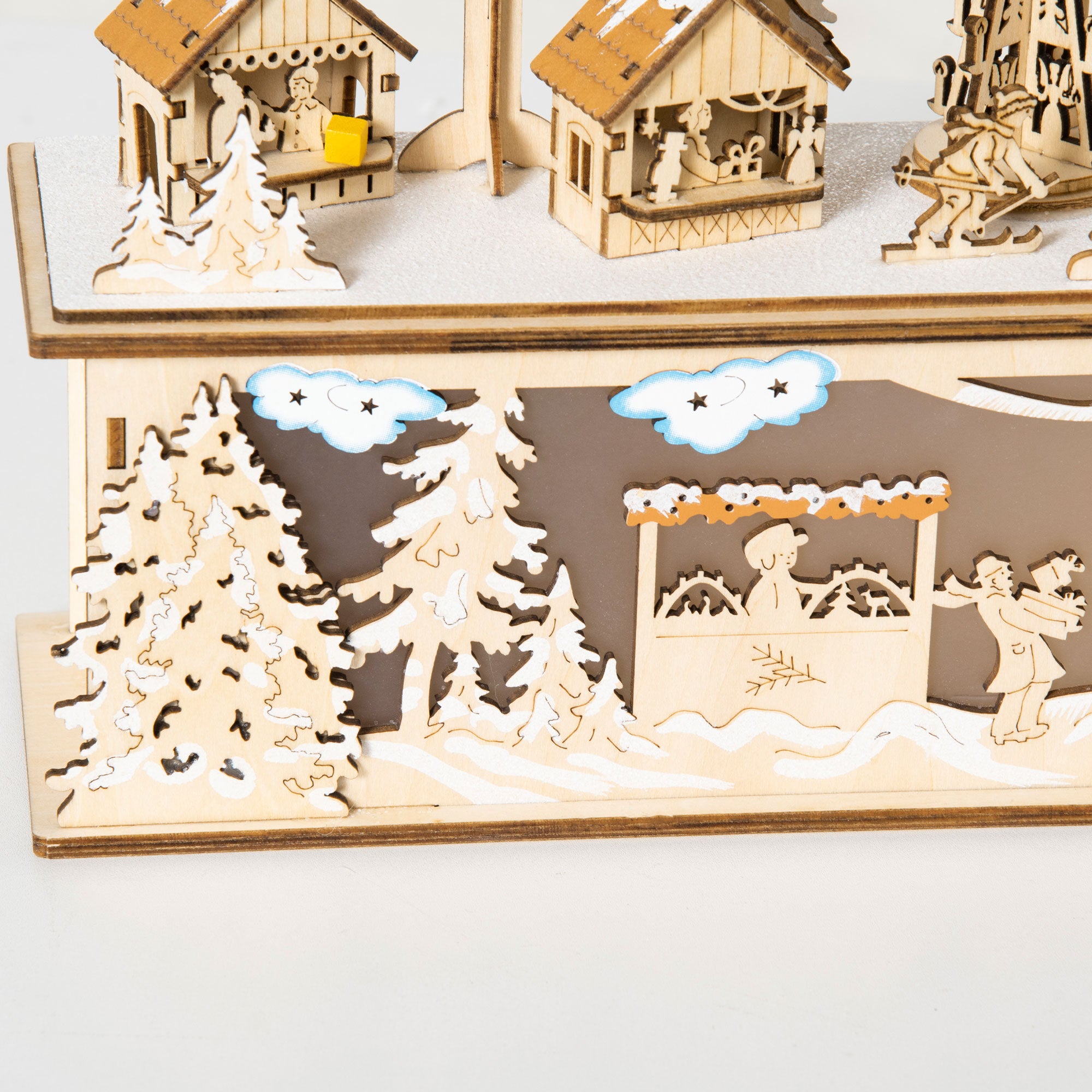 HOMCOM Christmas Village Houses with Church, LED Lighted Christmas Village Decoration with Windmill for Desktop Xmas Decoration, Battery Operated, Natural Wood