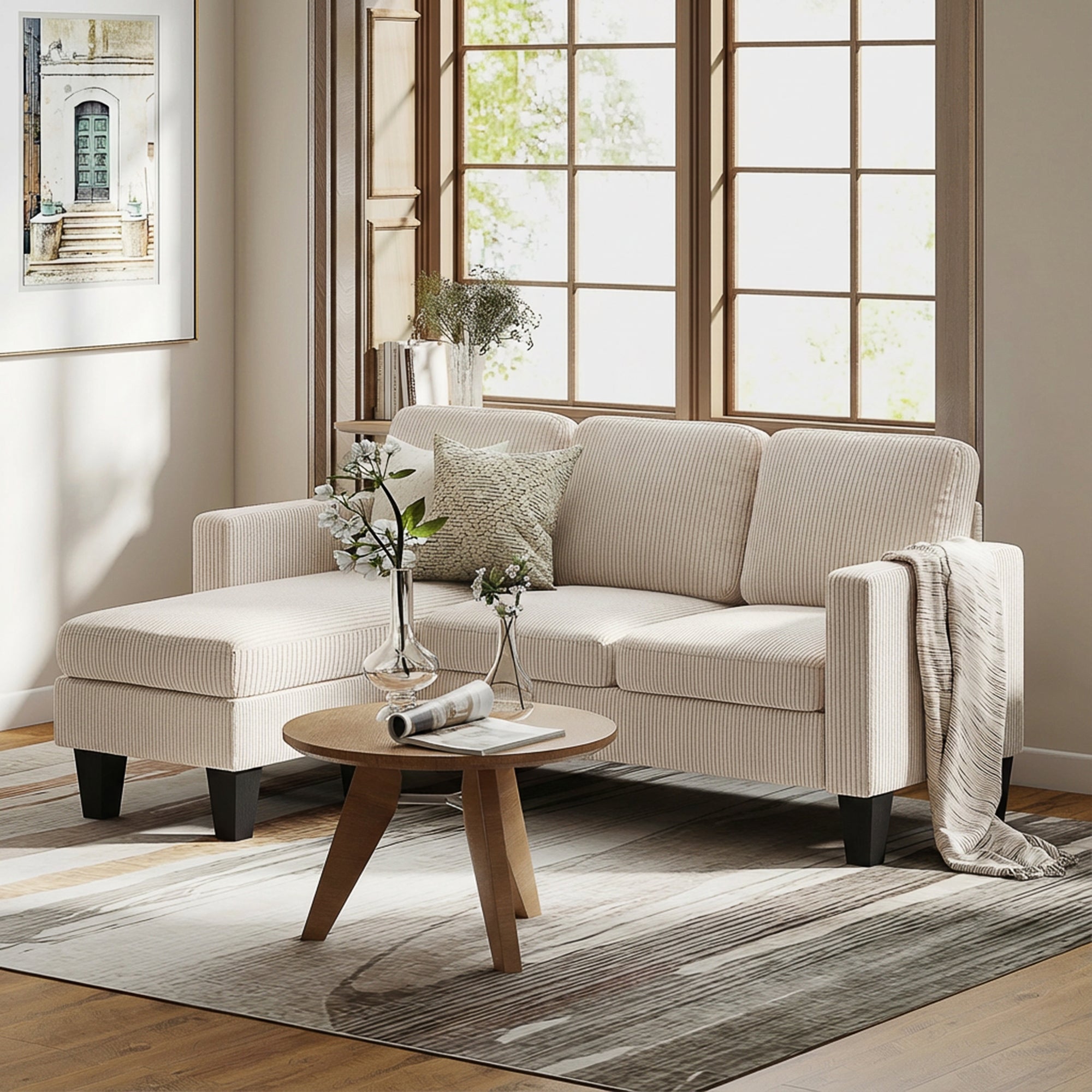 73" Sectional Sofa, L Shaped Couch with Reversible Chaise or Ottoman, Corduroy 3 Seat Sectional Couch for Living Room, Bedroom, Apartment, 2200lb Capacity, Cream White