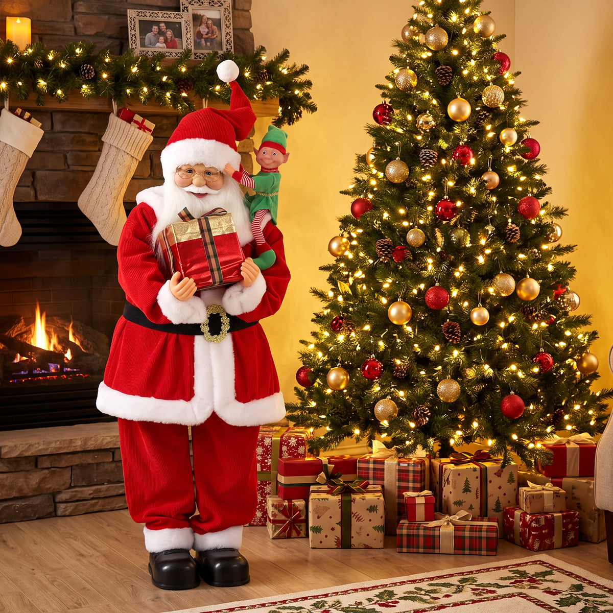 4ft Life Size Singing Dancing Santa Claus, 120 cm Standing Musical Animated Santa with Elf, Gift Box, Handcrafted, Sound Touch Activated, Moving Christmas Figure Decoration