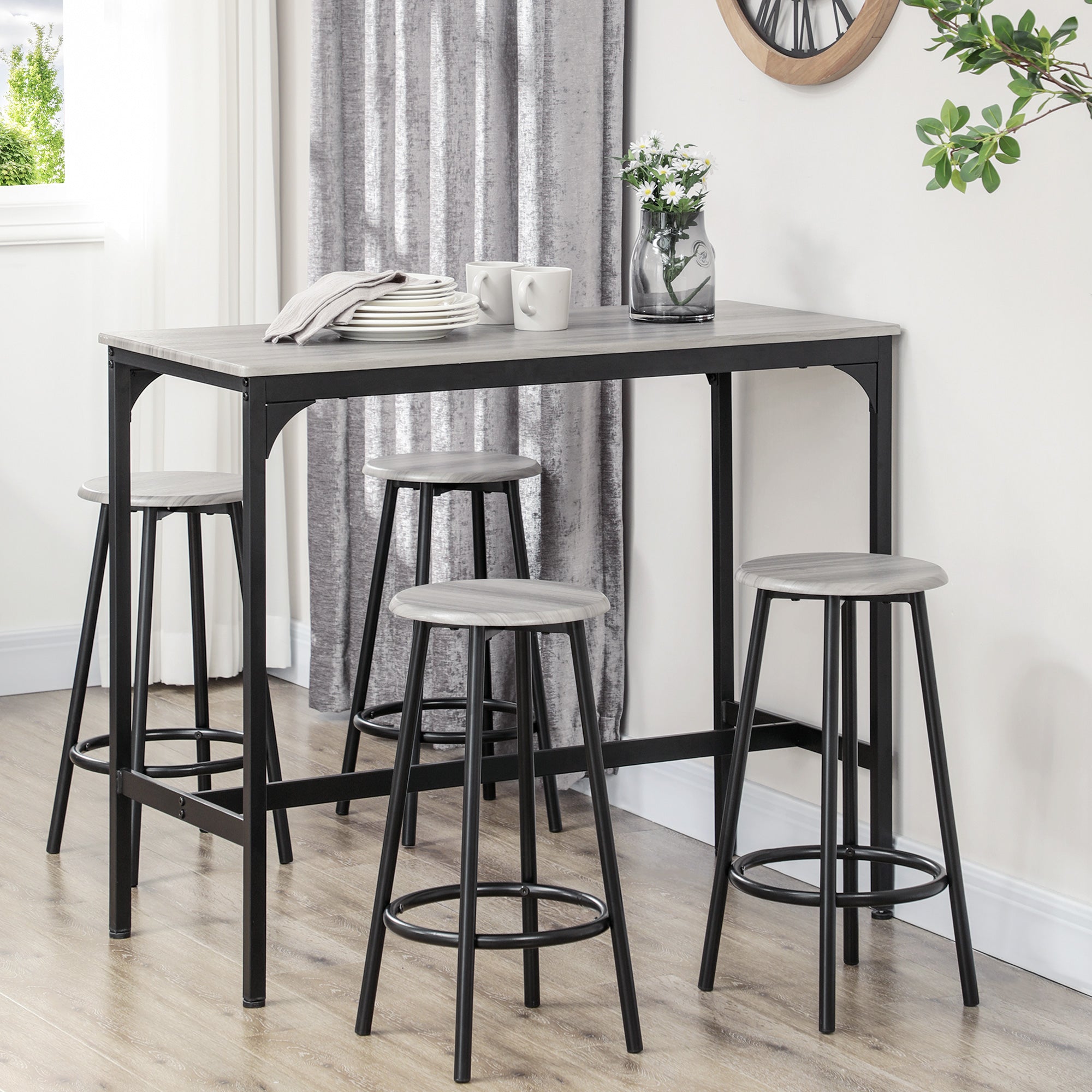 HOMCOM 5 Piece Bar Table Set, Industrial Dining Table Set for 4 with Stools, Metal Frame, Footrest for Kitchen, Living Room, Small Space, Grey