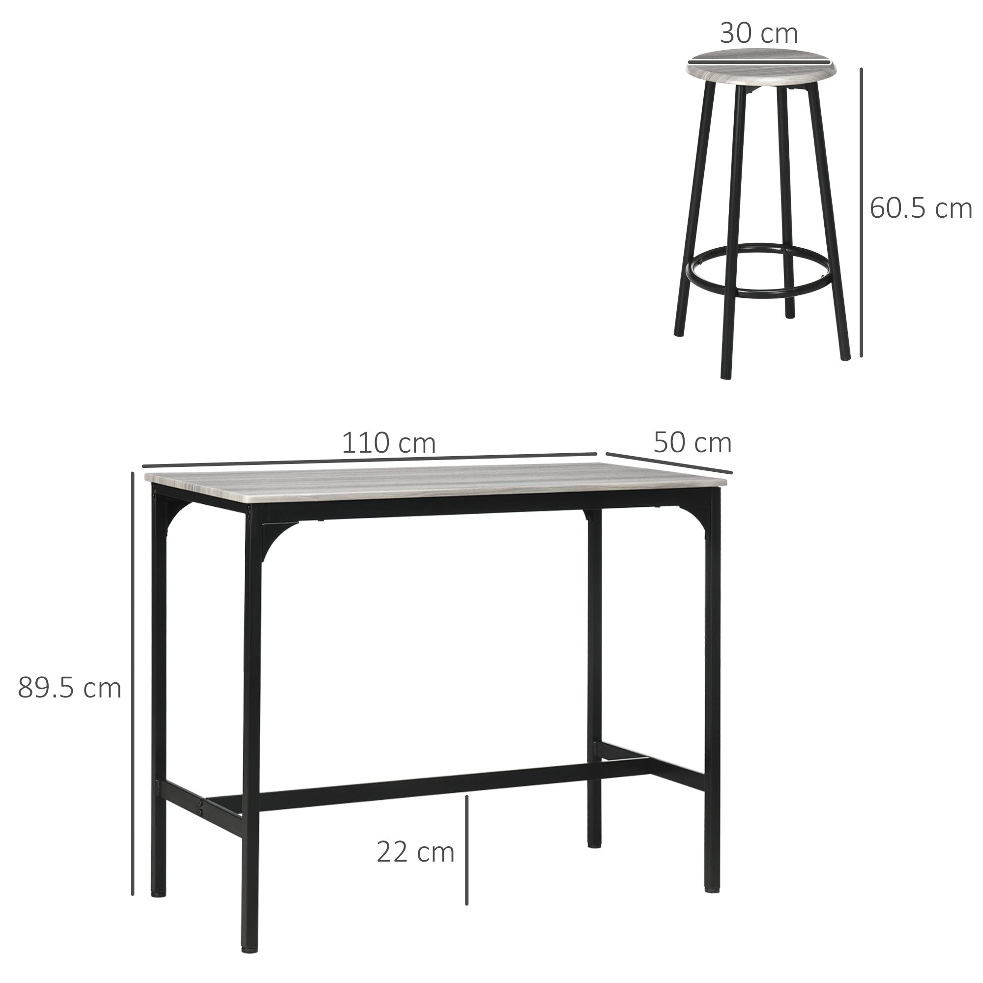 HOMCOM 5 Piece Bar Table Set, Industrial Dining Table Set for 4 with Stools, Metal Frame, Footrest for Kitchen, Living Room, Small Space, Grey