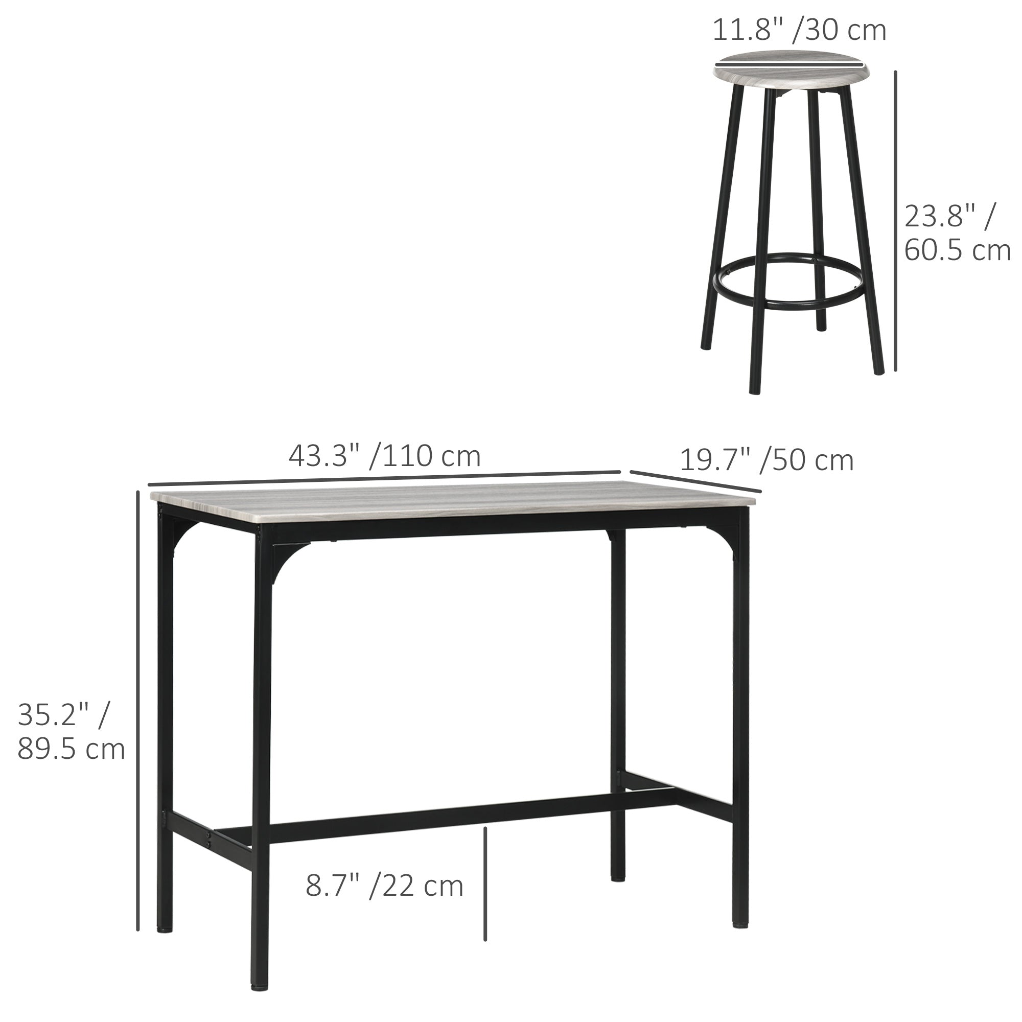 HOMCOM 5-Piece Counter Height Bar Table Set, Dining Table Set for 4 with Bar Stools, Kitchen Table and Chairs for Pub, Dining Room, Grey