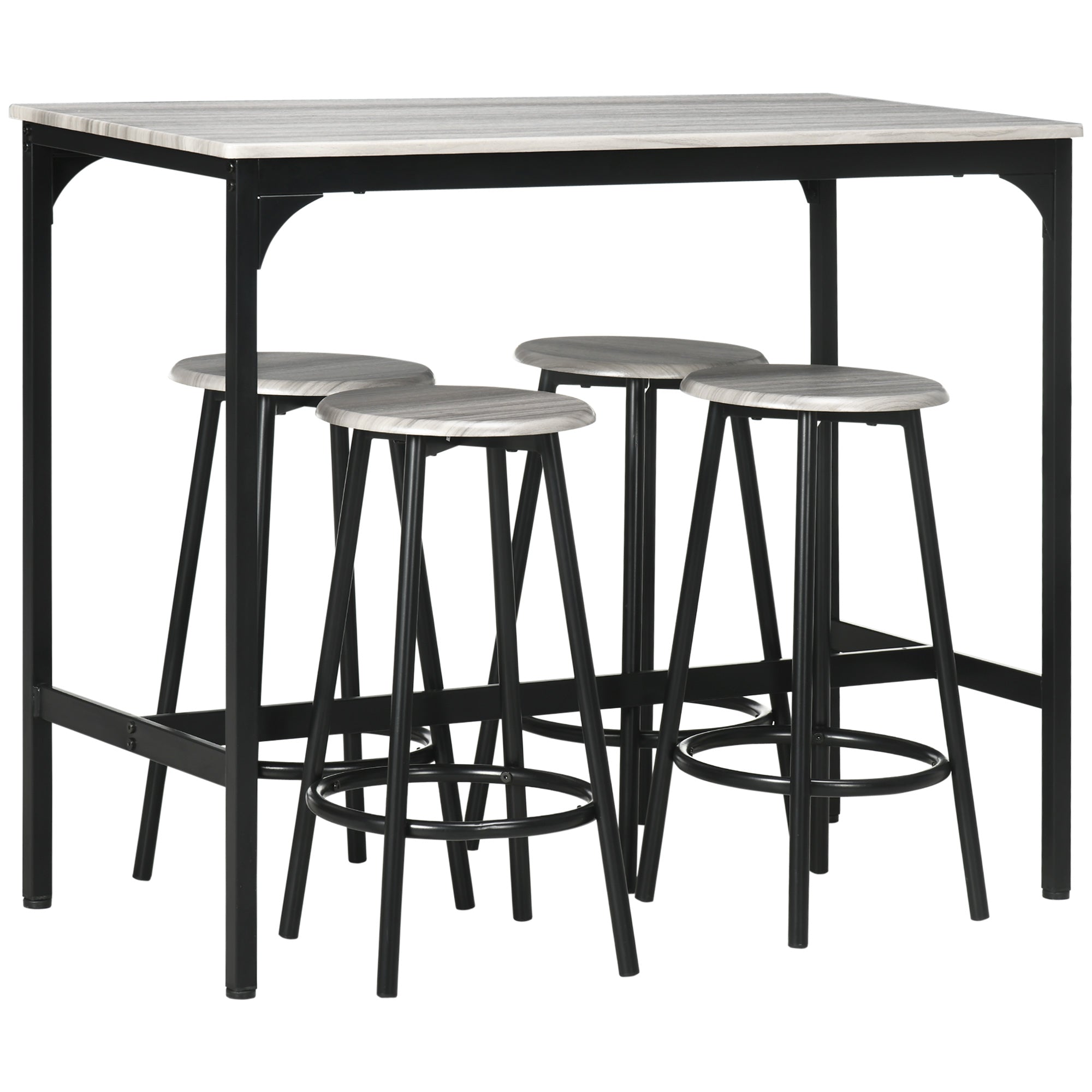 HOMCOM 5 Piece Bar Table Set, Industrial Dining Table Set for 4 with Stools, Metal Frame, Footrest for Kitchen, Living Room, Small Space, Grey