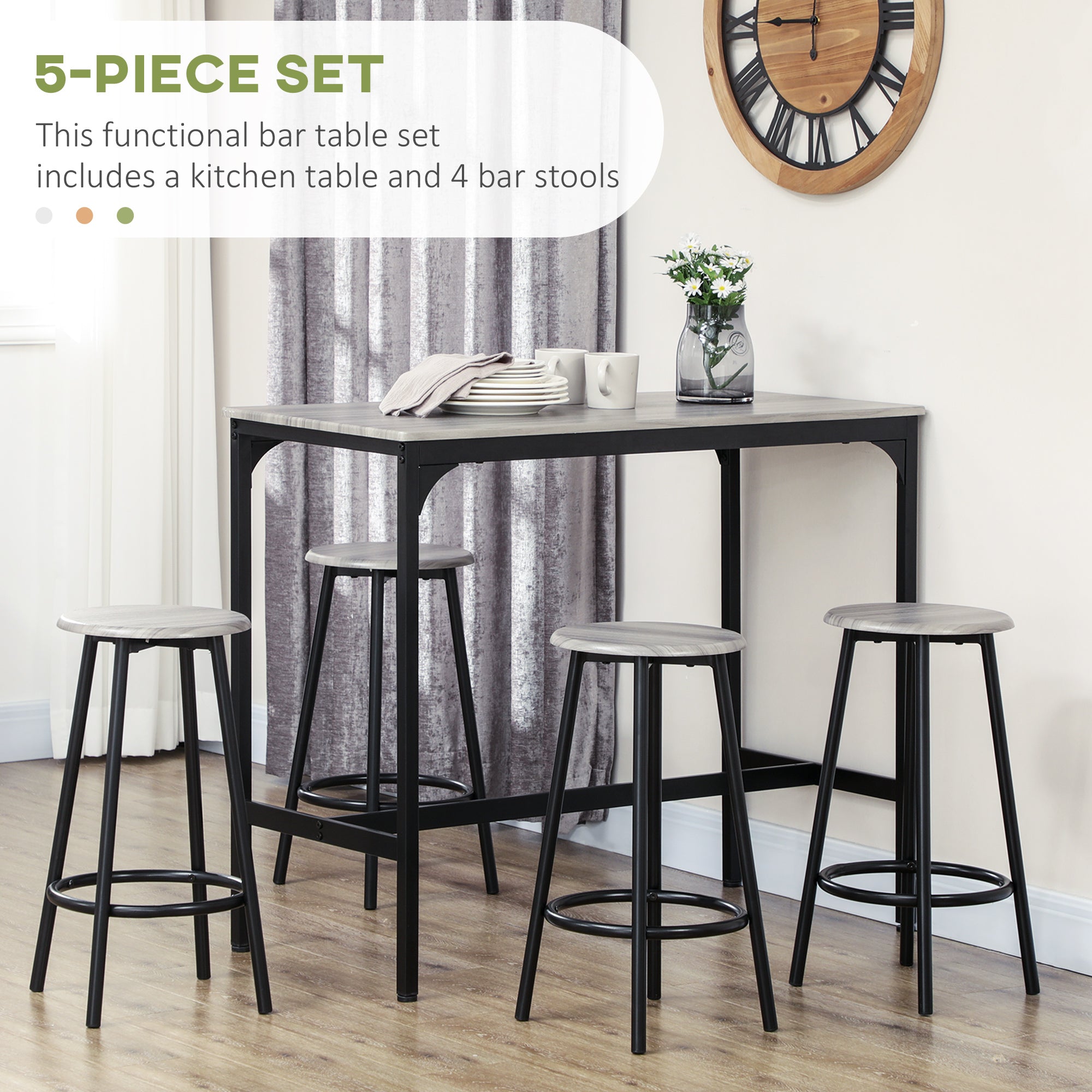 HOMCOM 5 Piece Bar Table Set, Industrial Dining Table Set for 4 with Stools, Metal Frame, Footrest for Kitchen, Living Room, Small Space, Grey