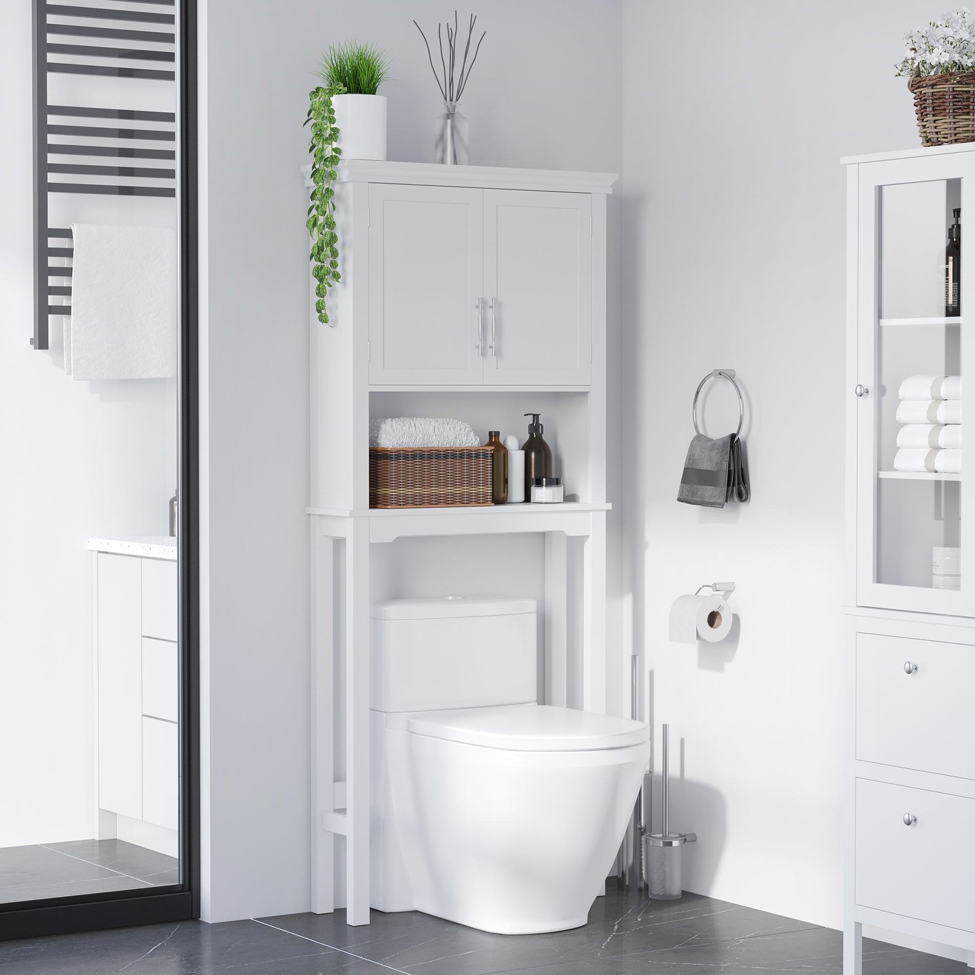 kleankin Over the Toilet Storage Cabinet, Double Doors Over Toilet Bathroom Organizer with Adjustable Shelf and Open Shelf, White