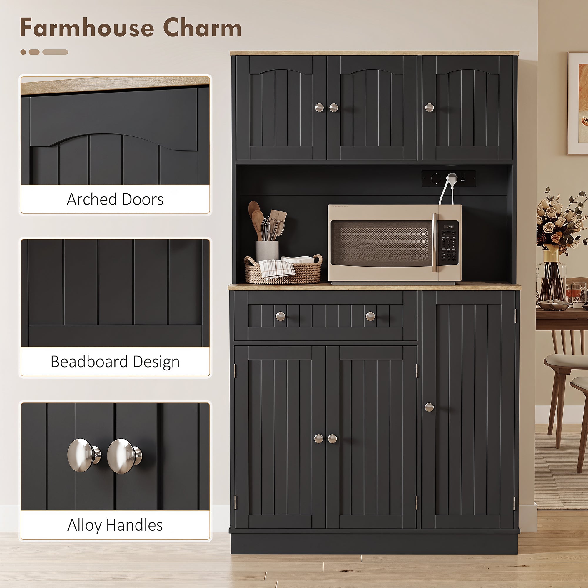 173 cm Tall Kitchen Cupboard with Charging Station, Pantry Storage Cabinet with Microwave Stand, Adjustable Shelves, 4 Door Racks, Farmhouse Kitchen Cabinet for Dining Room, Black