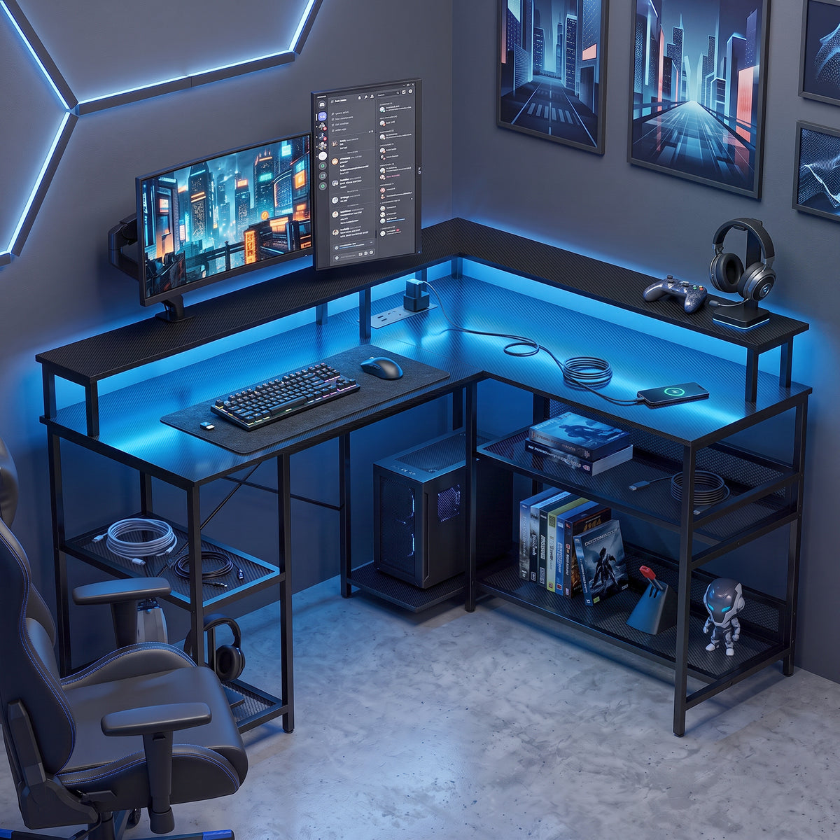 L Shaped Gaming Desk with LED Lights and Power Outlets, 150cm Corner Computer Desk with Monitor Stand and Storage Shelves, Home Office Desk for Small Space, Black Gaming Texture