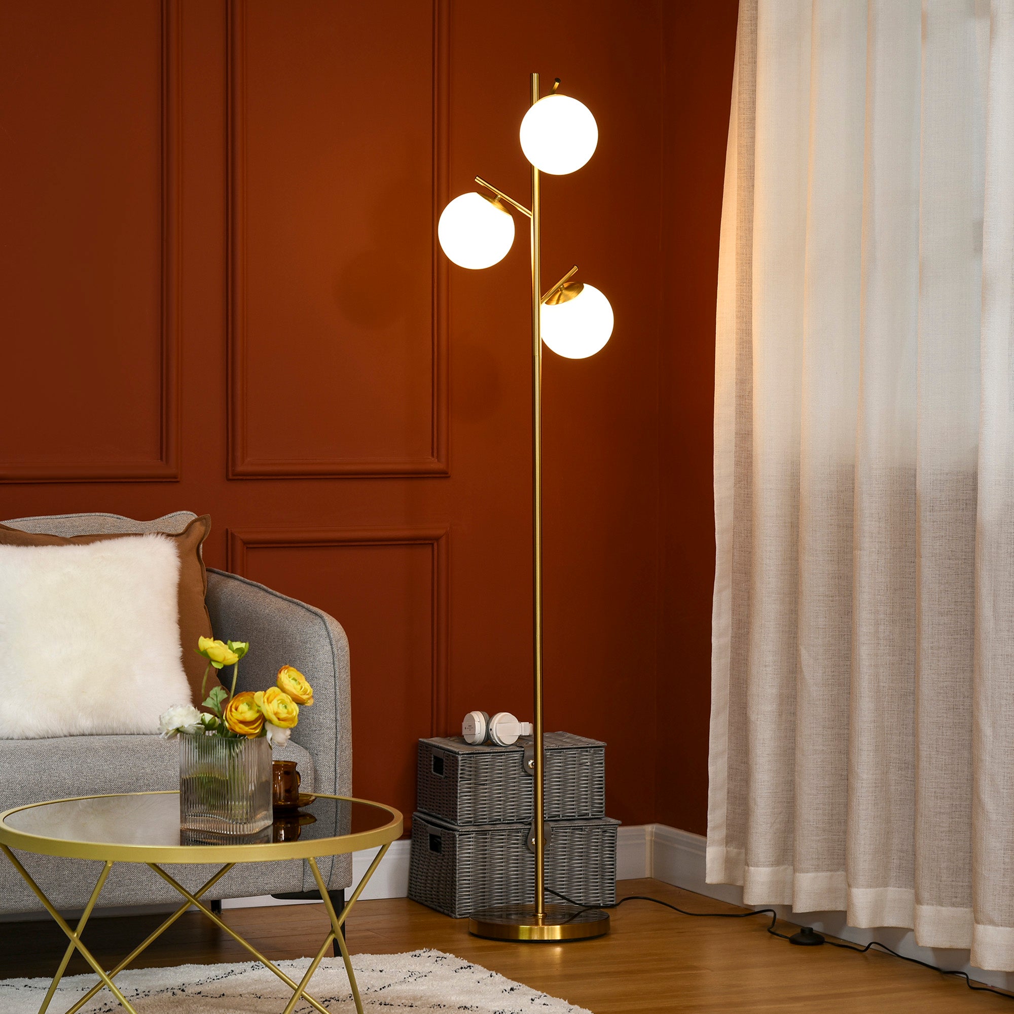 HOMCOM 3-Light Tree Floor Lamps for Living Room, Modern Standing Lamp for Bedroom with Globe Lampshade, Steel Base, Bulb not Included, Gold Tone