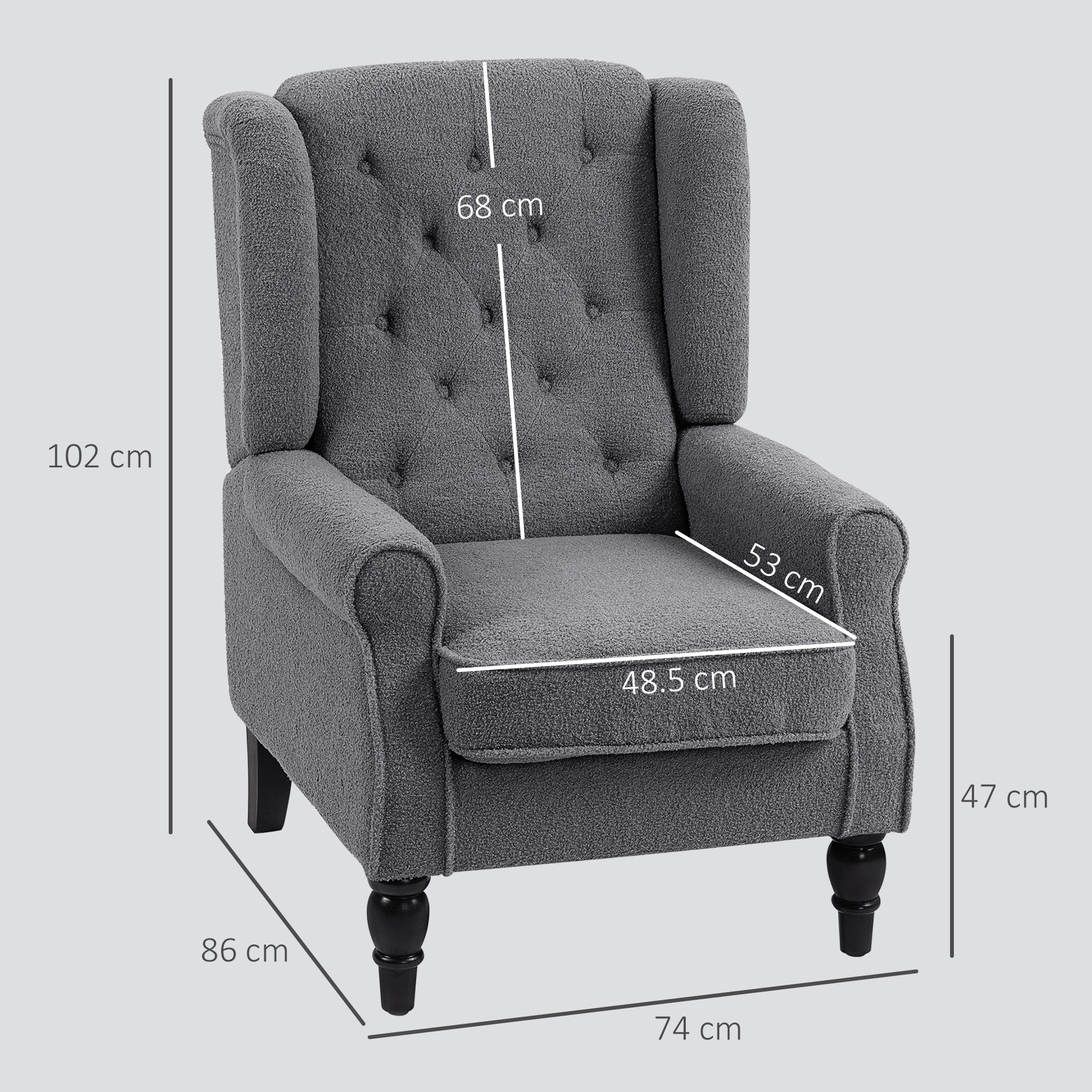 Retro Accent Chair, Teddy Fleece Wingback Armchair with Wood Frame Button Tufted Design for Living Room Bedroom, Charcoal Grey