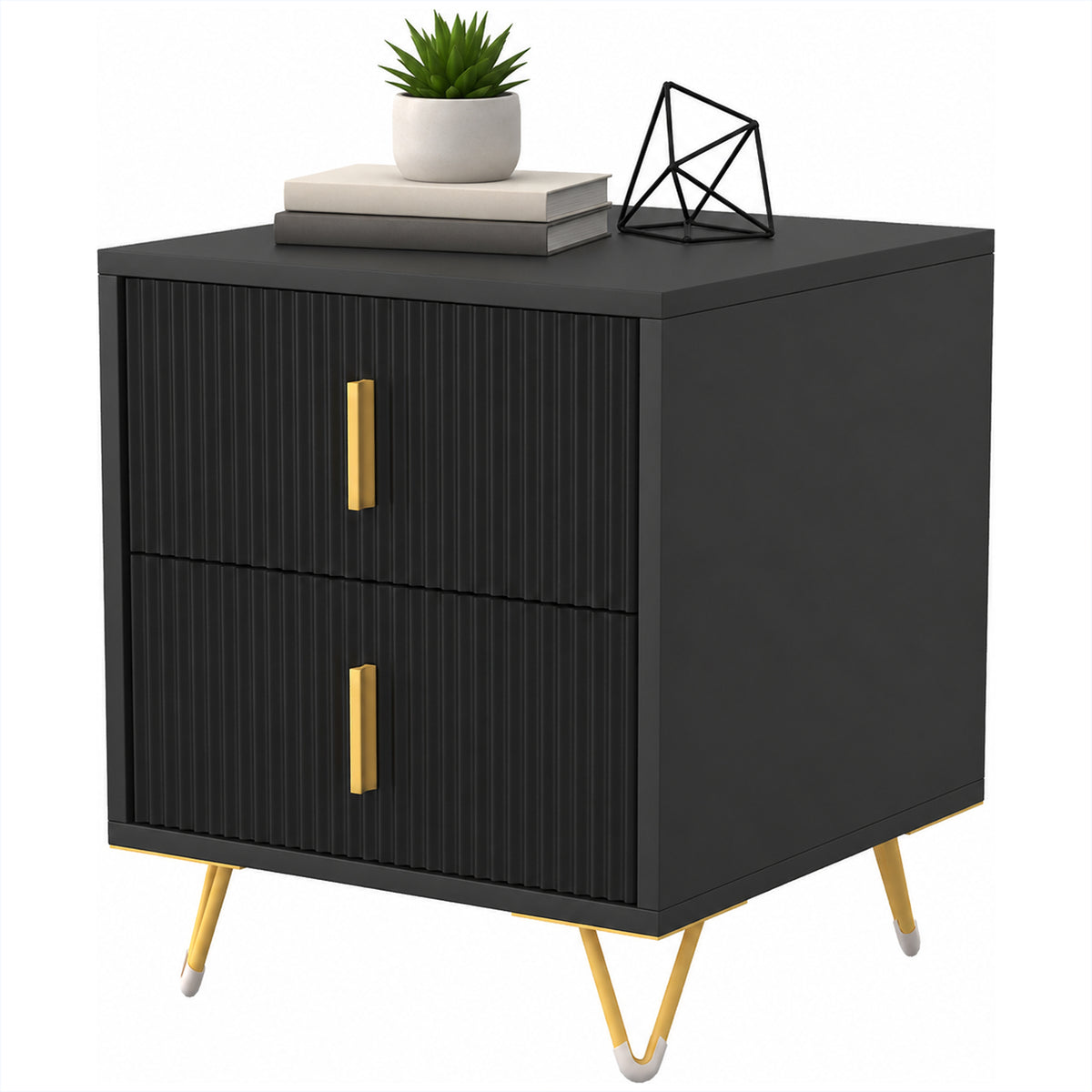 Bedside Table, Small Fluted Bedside Cabinet with 2 Drawers, Modern Nightstand, End Sofa Side Table with Hairpin Legs for Bedroom, Living Room, Black