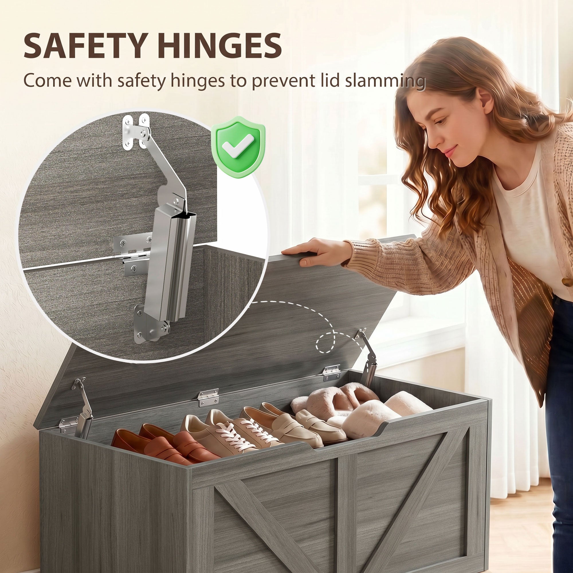 127L Storage Chest, Shoe Storage Trunk Bench Box with 2 Safety Hinges and U-shaped Cut-out Pull, Blanket Box Ottoman for Bedroom, Living Room, Entryway, 100 x 40 x 45 cm, Dark Grey Wood-Effect