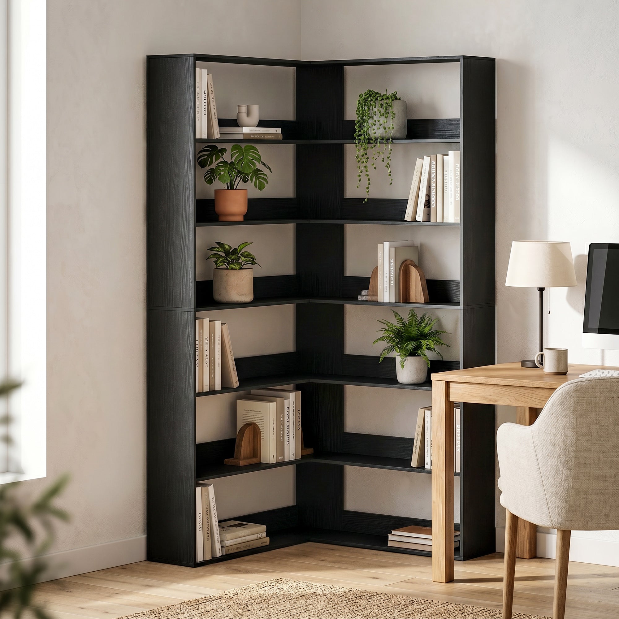 7 Tiers Corner Bookshelf, L-Shaped Bookcase with Anti-Slip Rear Guard, Storage Shelves for Living Room, Bedroom and Home Office, 90W x 90D x 180H cm, Black Wood Effect