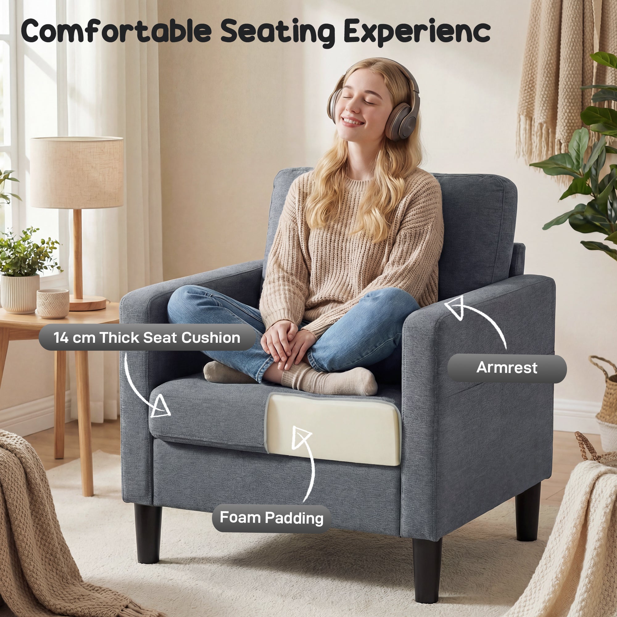 Linen-Feel Fabric Accent Chair, Modern Armchair, Living Room Chair with Armrests and Thick Padded Seat, Upholstered Single Sofa for Living Room, Bedroom, Study, Dark Grey