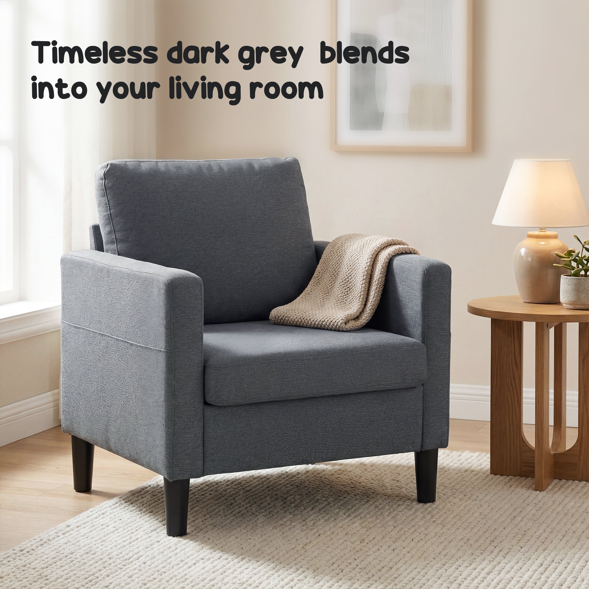 Linen-Feel Fabric Accent Chair, Modern Armchair, Living Room Chair with Armrests and Thick Padded Seat, Upholstered Single Sofa for Living Room, Bedroom, Study, Dark Grey