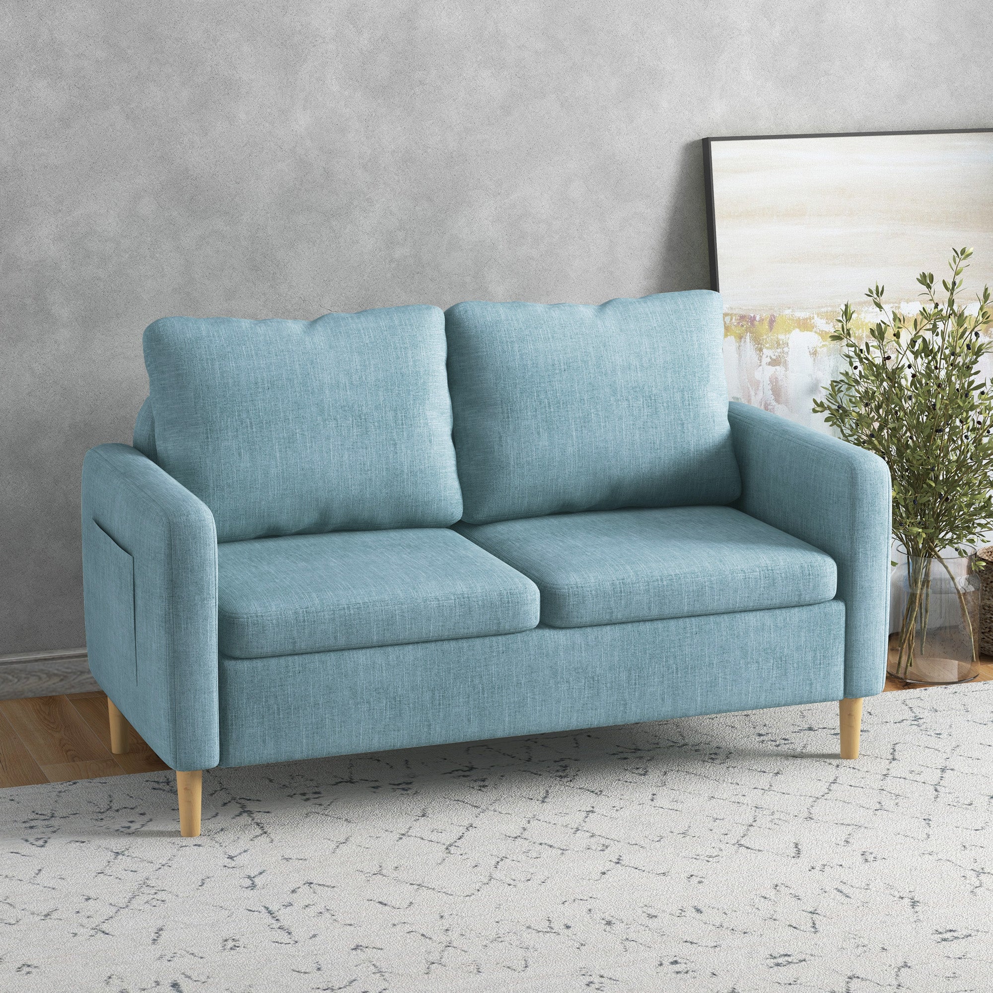 HOMCOM Two Seater Sofa for Living Room, Modern Fabric Couch with Wood Legs and 2 Pockets for Bedroom and Home Office, Blue