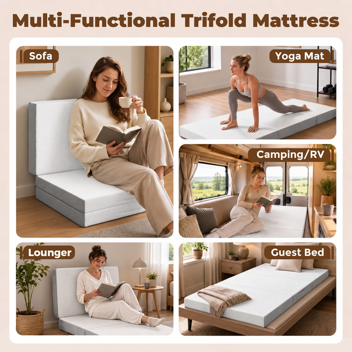 Foldable Mattress Twin Size, 6 Inch Tri Fold Memory Foam Mattress with Washable Cover & Non-Slip Bottom, Portable Floor Bed for RV, Guest, Travel, Camping, 75" x 38" x6"
