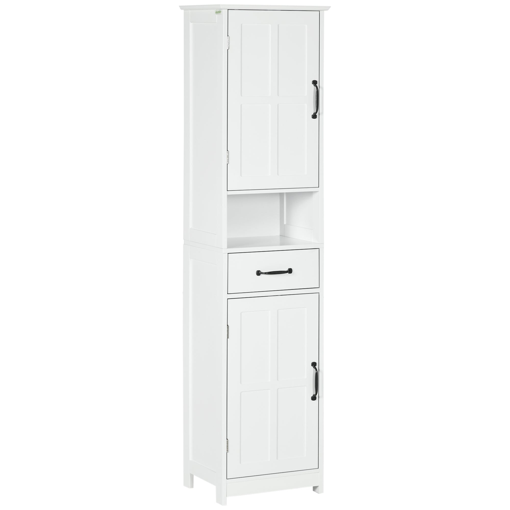 kleankin Bathroom Storage Cabinet, Narrow Bathroom Cabinet with Open Shelf, Drawer, Recessed Doors and Adjustable Shelves, White