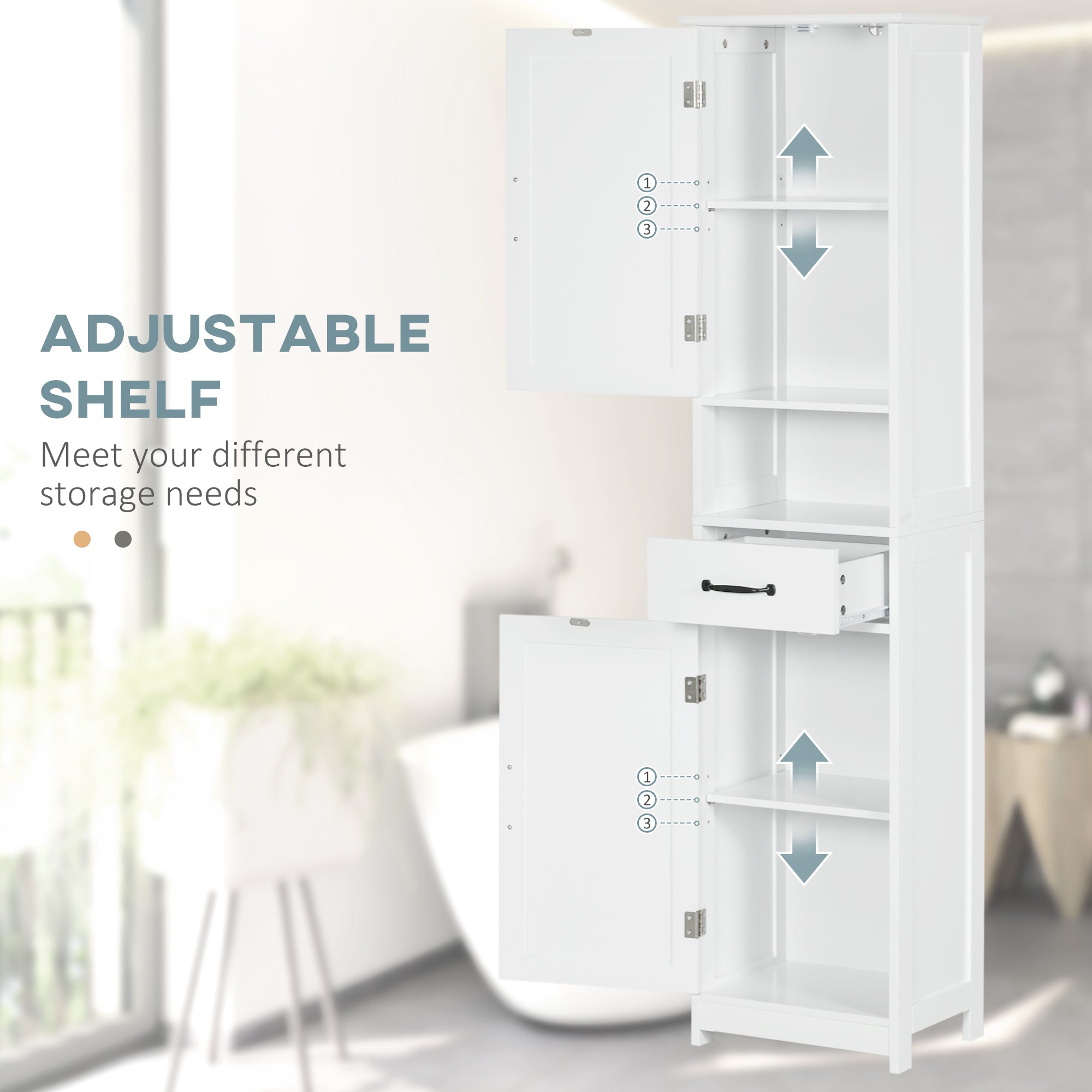 kleankin Bathroom Storage Cabinet, Narrow Bathroom Cabinet with Open Shelf, Drawer, Recessed Doors and Adjustable Shelves, White