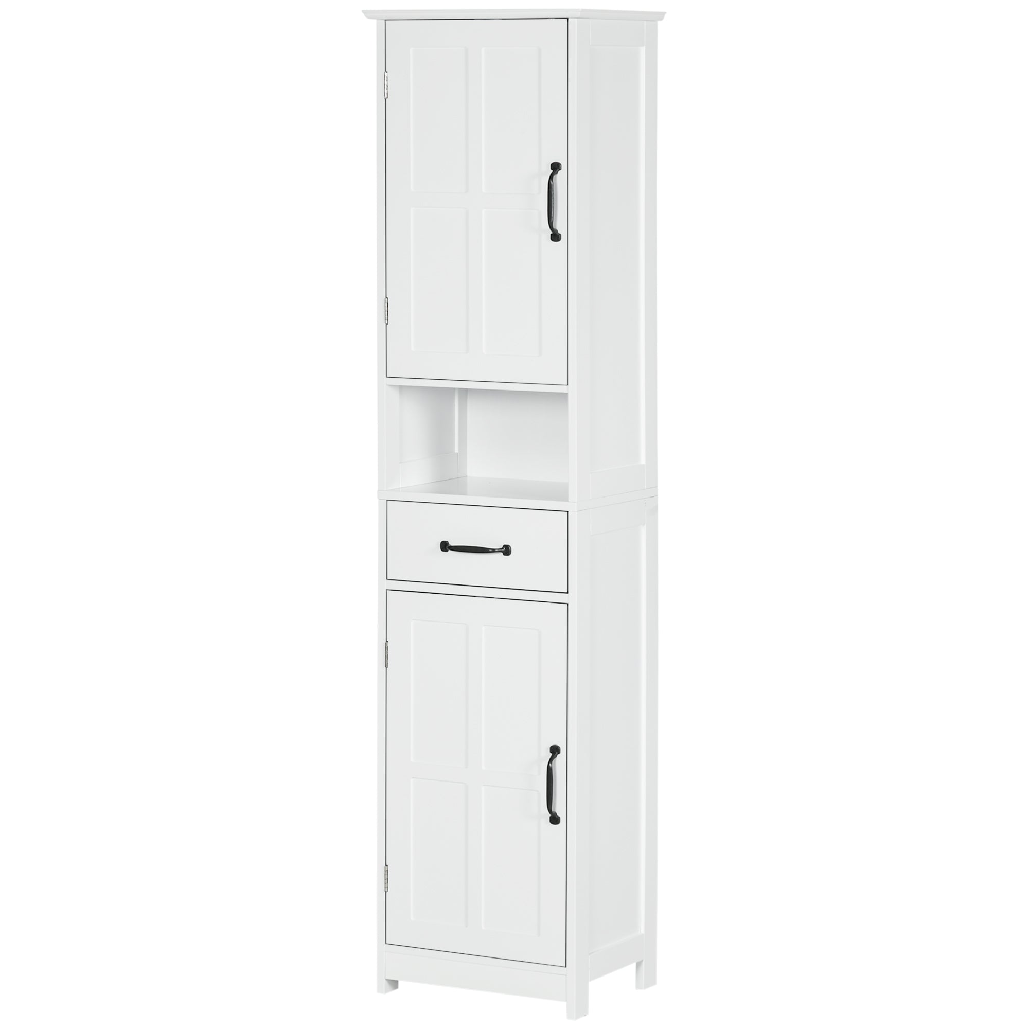 kleankin Bathroom Storage Cabinet, Narrow Bathroom Cabinet with Open Shelf, Drawer, Recessed Doors and Adjustable Shelves, White