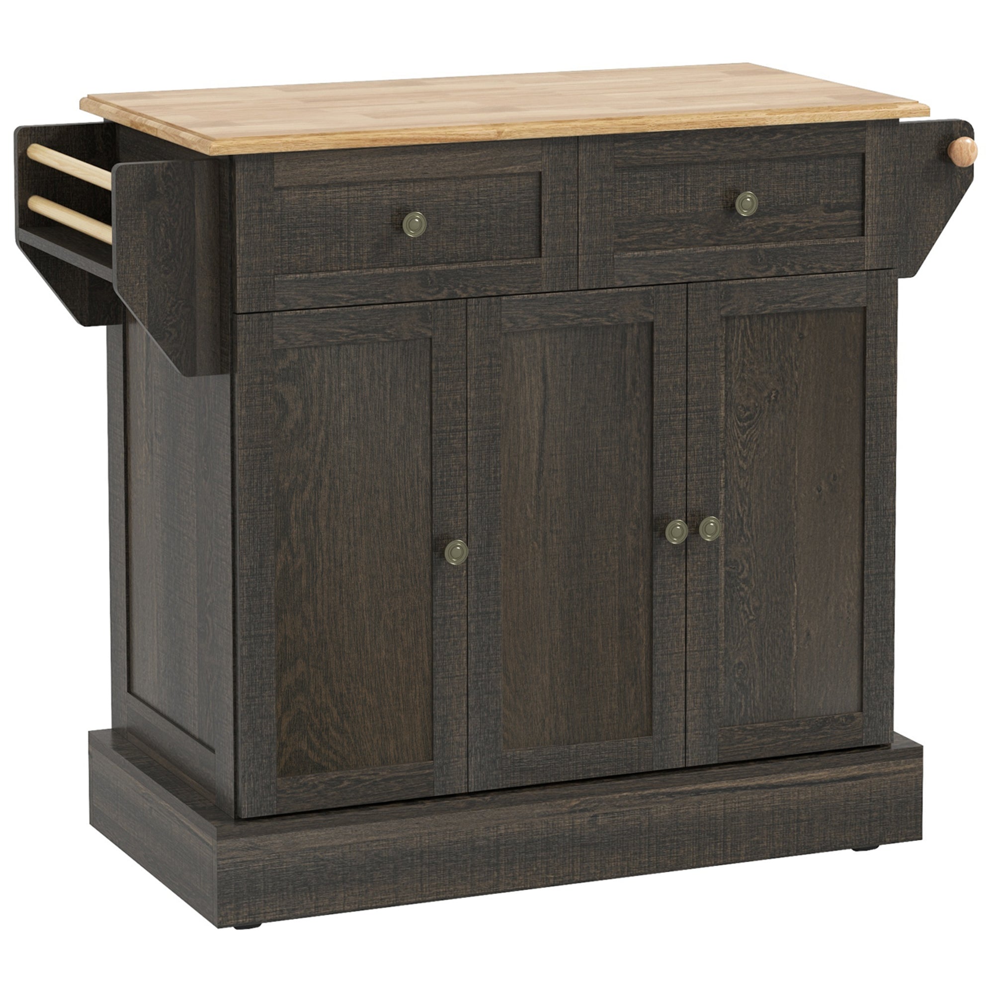 Triple-Cabinet Kitchen Island on Wheels, Kitchen Storage Cabinet with Drawers, Rolling Utility Cart Brown