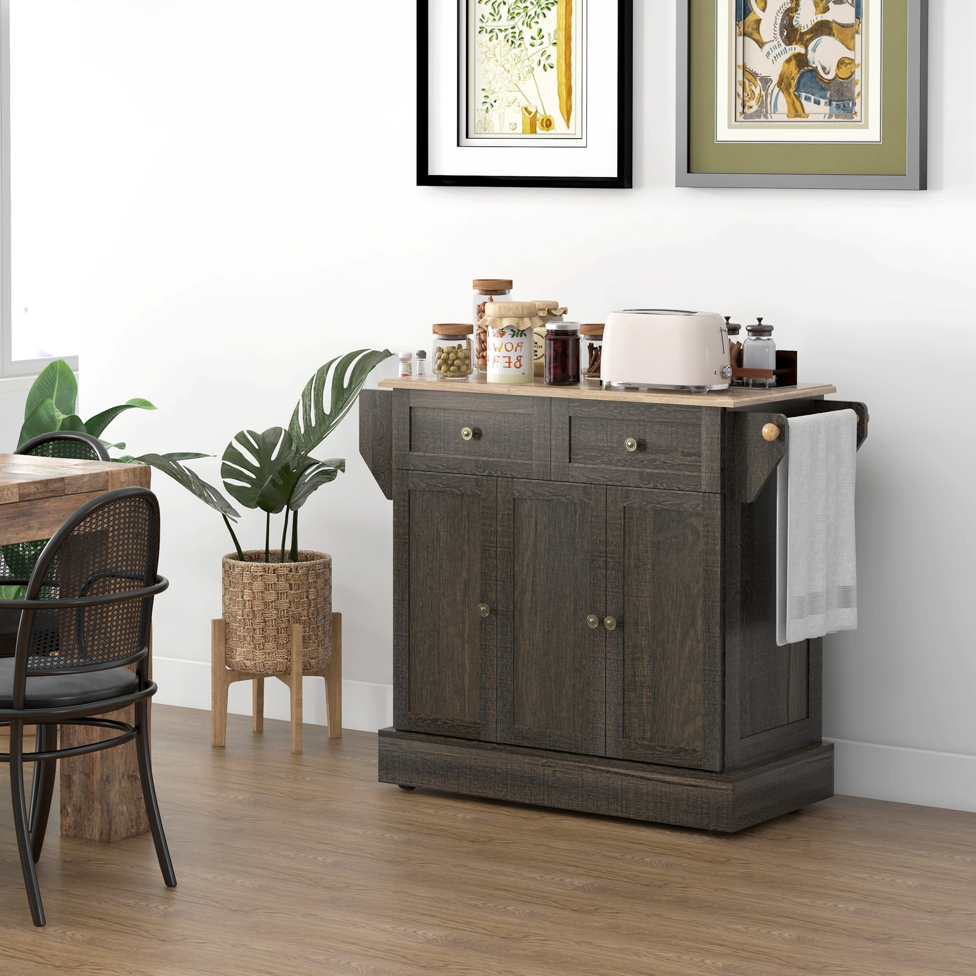 Triple-Cabinet Kitchen Island on Wheels, Kitchen Storage Cabinet with Drawers, Rolling Utility Cart Brown