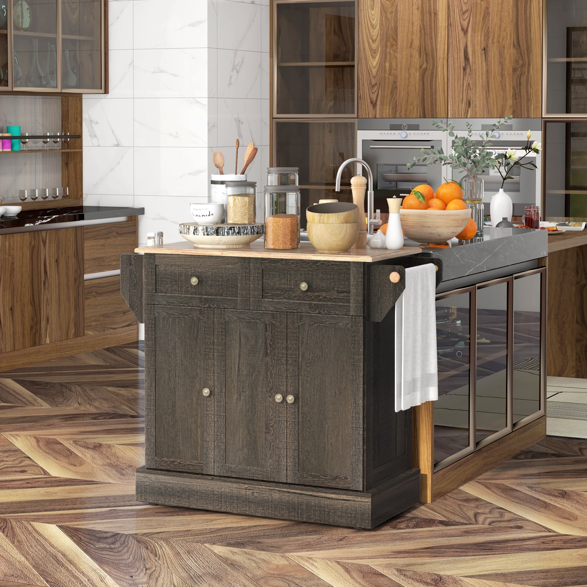 Triple-Cabinet Kitchen Island on Wheels, Kitchen Storage Cabinet with Drawers, Rolling Utility Cart Brown