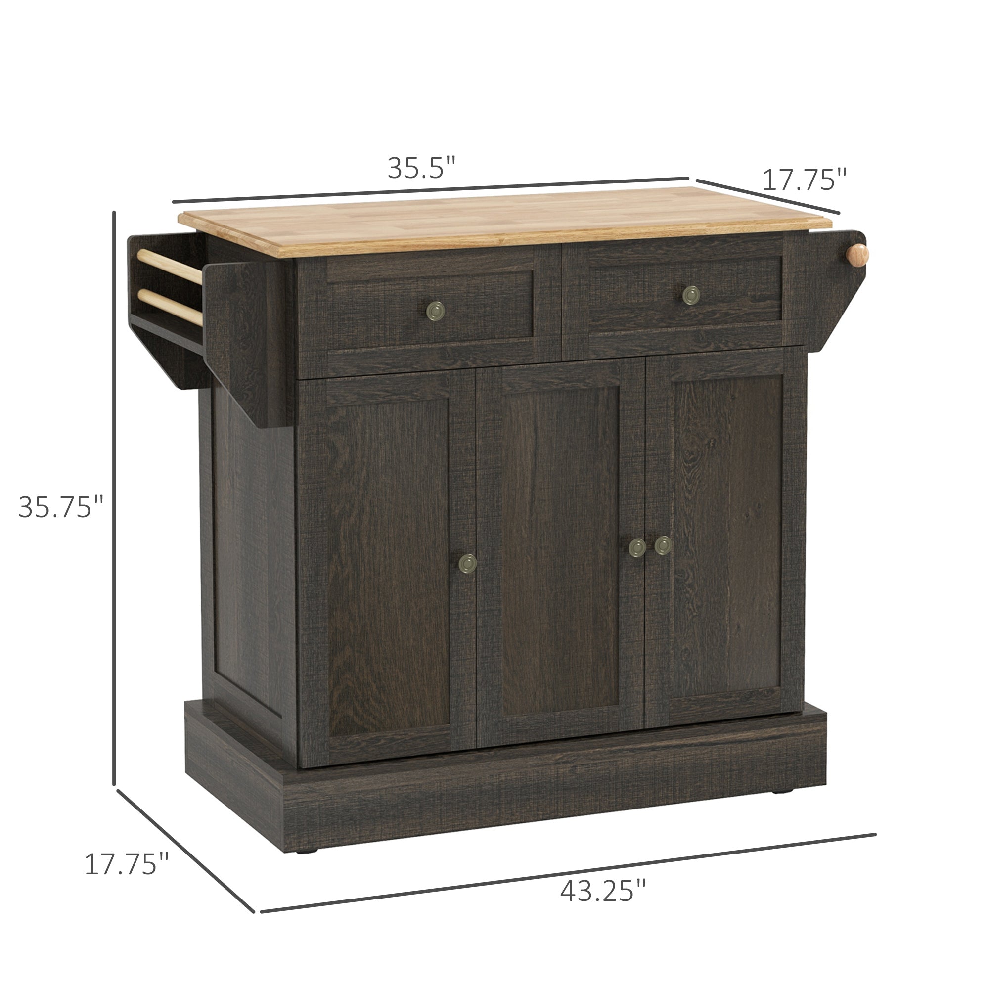 Triple-Cabinet Kitchen Island on Wheels, Kitchen Storage Cabinet with Drawers, Rolling Utility Cart Brown